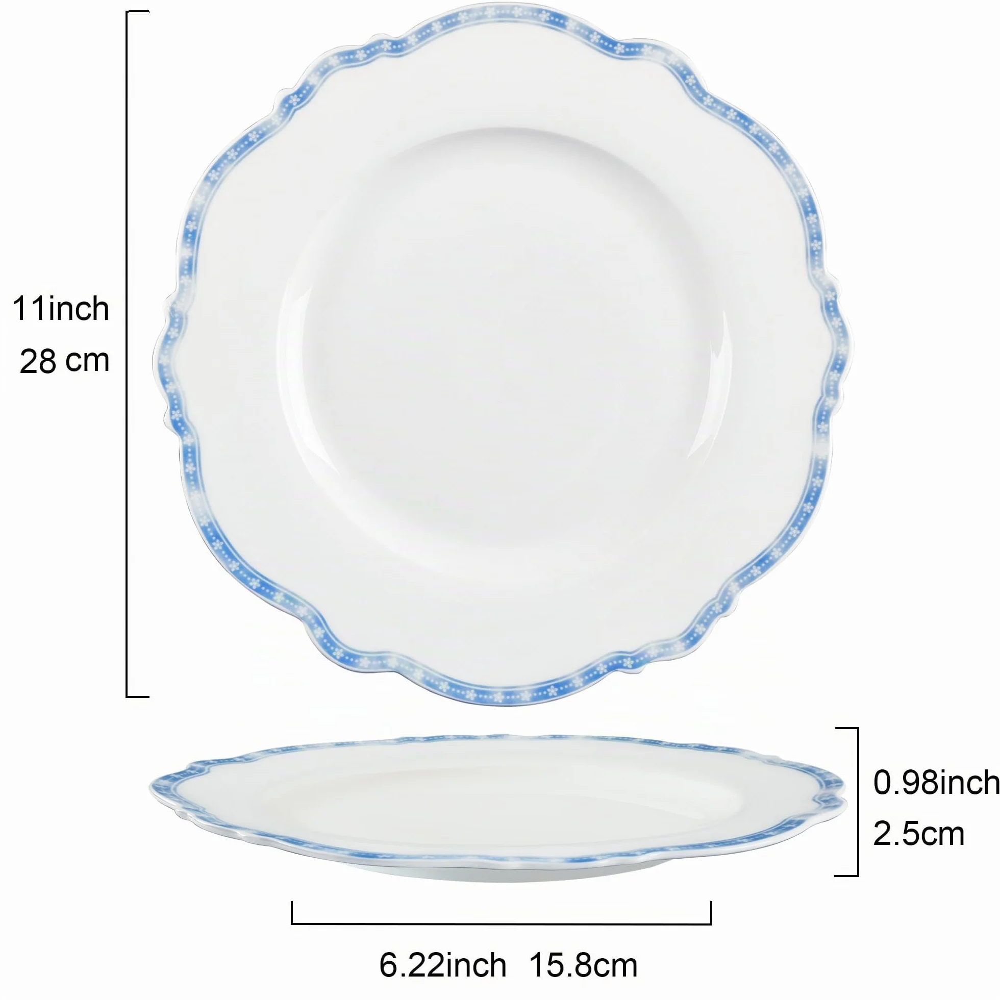 fanquare Juego de 4 Platos de Porcelana con Borde Estrella Azul, 27,5 cm Platos Llanos Redondos Vajilla Grande de Casa Gastronomía | Platos curvados para comidas diarias, fiestas, banquetes, microondas