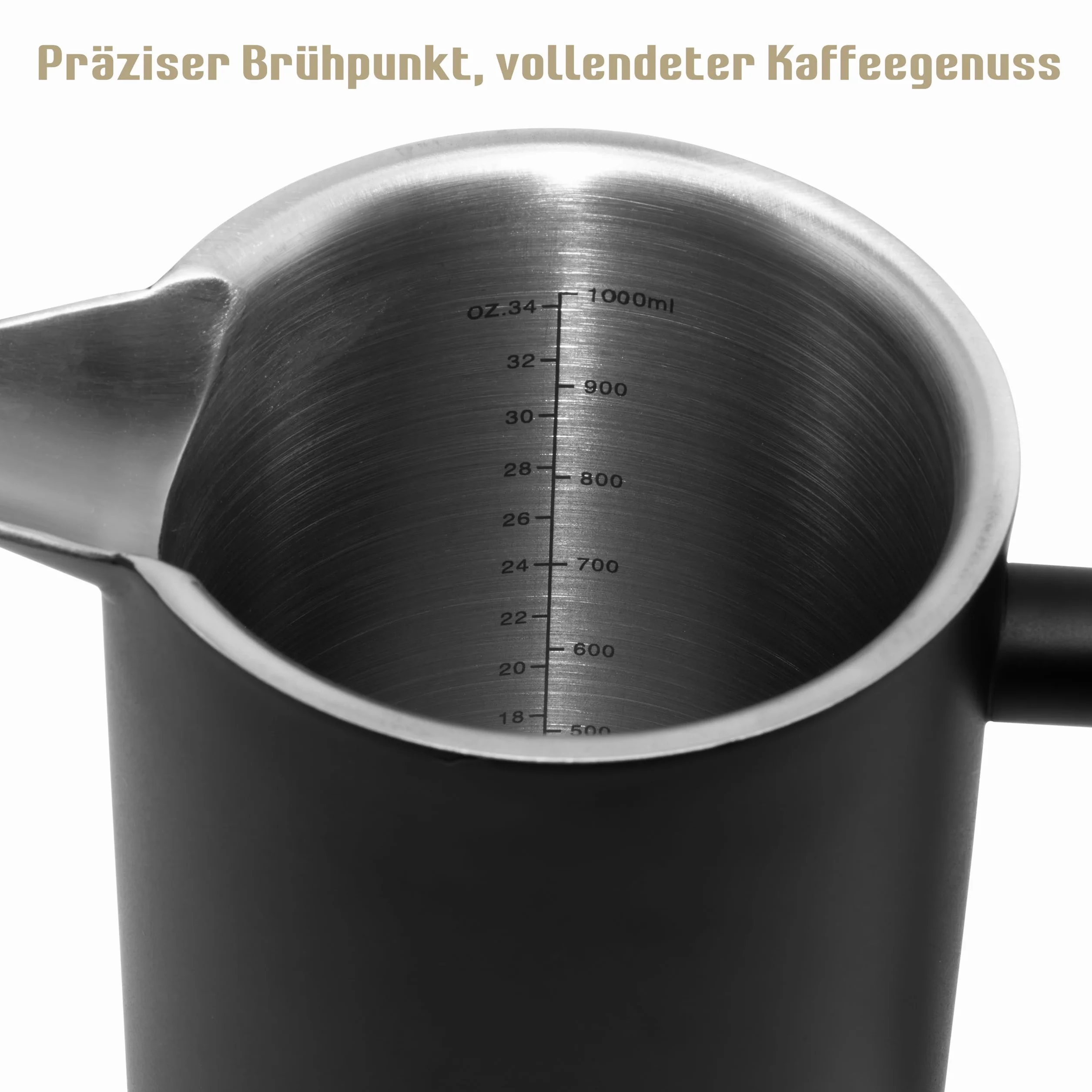 French Press Set I Cafetera Thermo Prensa de Café de Filtro 1 Litro Espumador de Leche Doble Pared Aislante Acero Inoxidable (Negro)