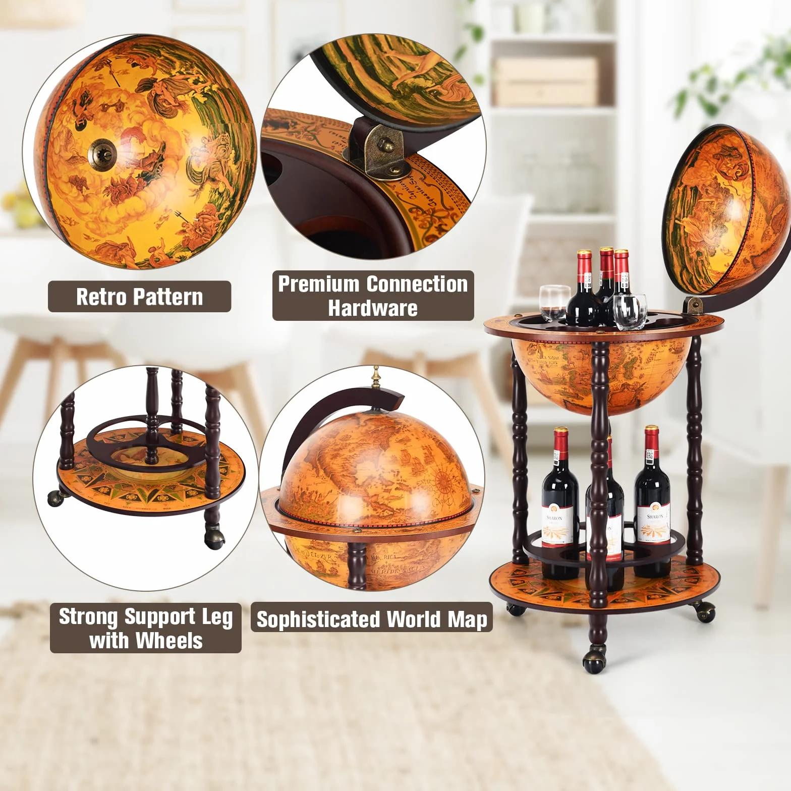 KOMFOTTEU Botellero Bar Globo Terráqueo con Ruedas, Soporte para Botellas de 2 Niveles, Carrito de Bar de Madera, Mueble Minibar para Bebidas, para Restaurante, Fiesta (Marrón, 47 x 47 x 90 cm)