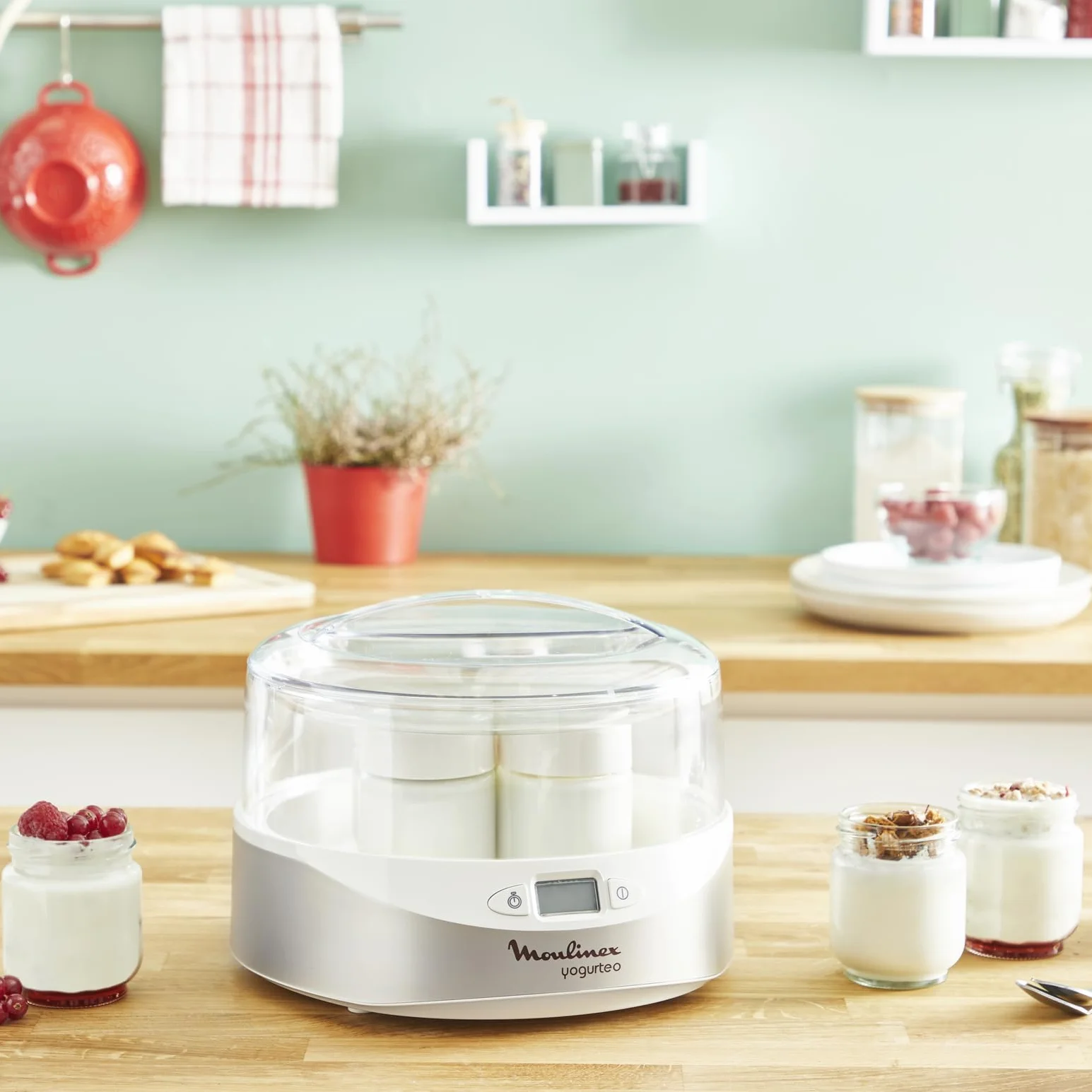 Moulinex Yogurteo - Yogurtera de 7 tarrinas de 160 ml, apta para el lavavajillas, con pantalla display de fácil uso, programable 15 horas, con recetario, función parada automática, YG231E32