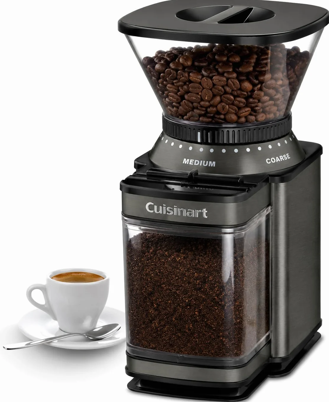 CUISINART Molinillo de café, rebaba eléctrica, amoladora automática de un solo toque con selector de molienda de 18 posiciones, acero inoxidable, DBM-8BKSP1, negro