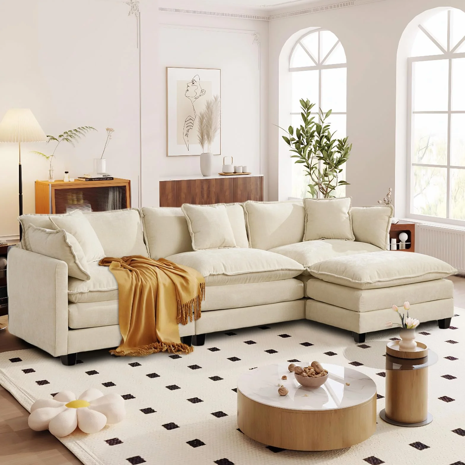 SoarFlash Sofá Moderno con reposabrazos, Tejido Chenilla, Cojines de Doble Relleno, Ideal para salón/Dormitorio/apartamento, sofá de 3 plazas en Forma L, Color Beige