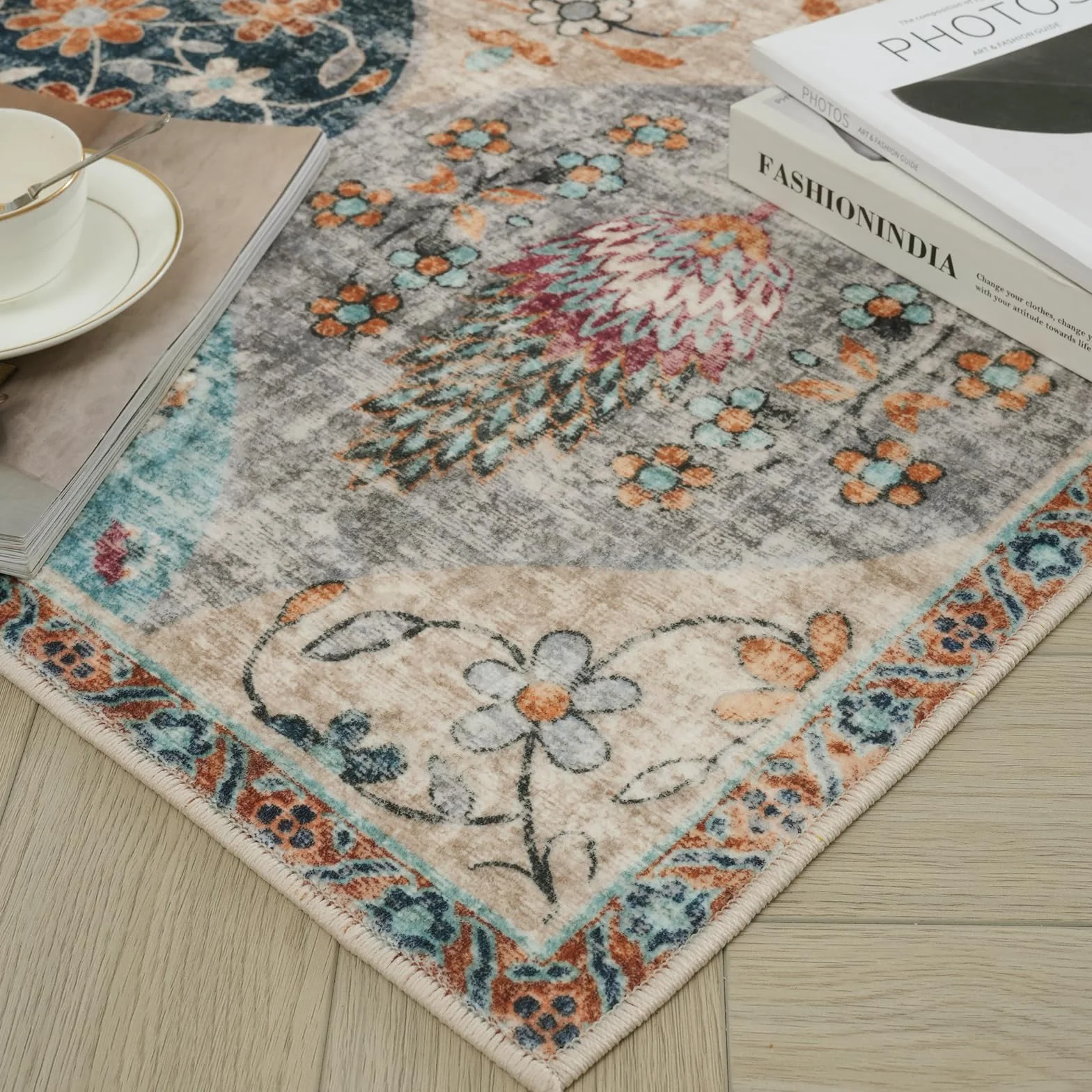 Xfrog Alfombra Bohemia con Flores, Antideslizante, Lavable, ultrasuave, Antigua, de Pelo bajo, para salón, Dormitorio, habitación Infantil - 160 x 230 cm