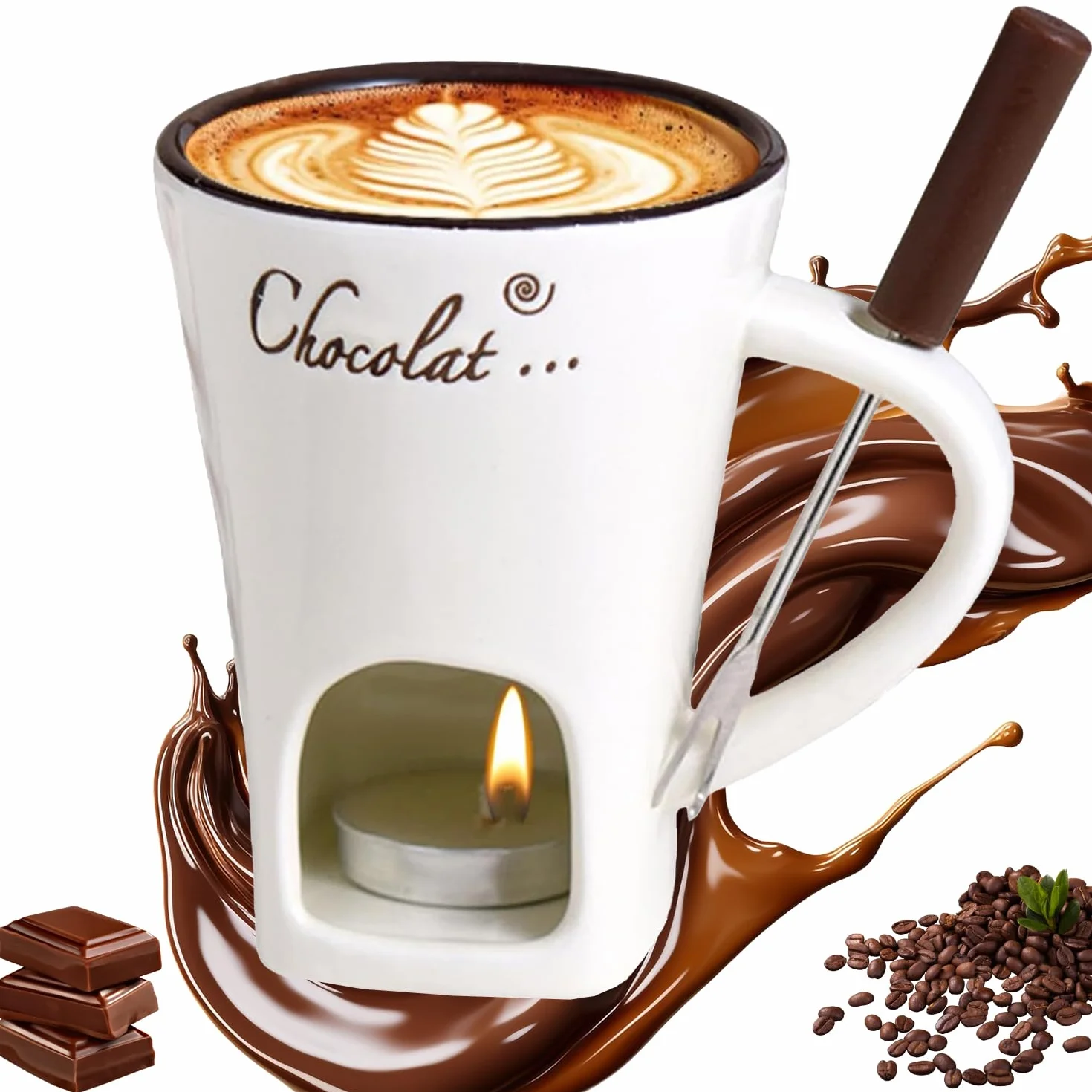 Taza de Fusión de Chocolate 130 ML Juego de Fondue de Chocolate de Cerámica con Tenedores y Vela de Té