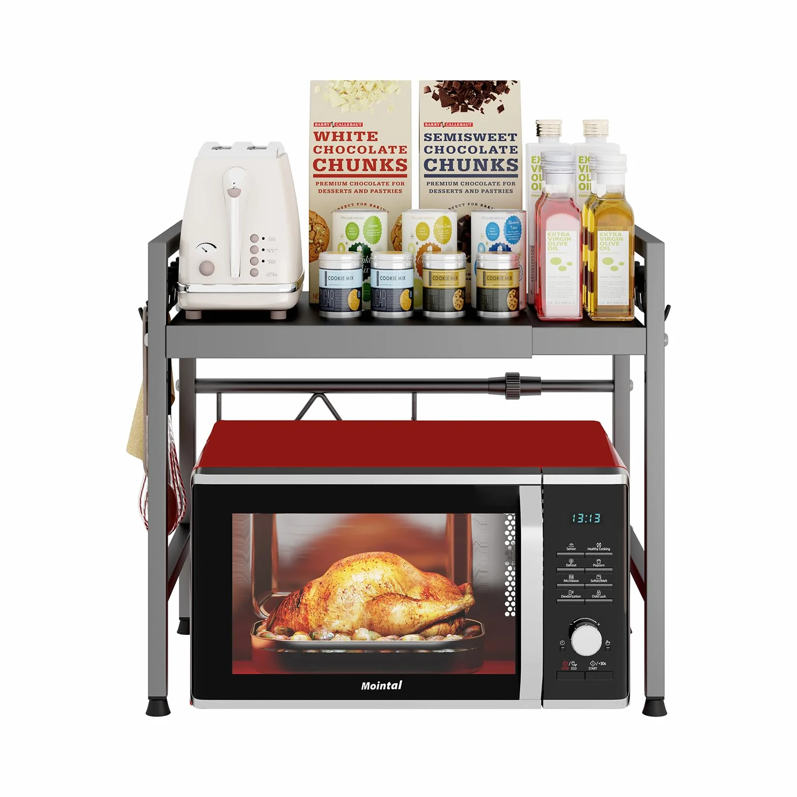 Estante Ajustable para Microondas de Cocina, Soporte de 2 Niveles para Microondas de Cocina, Acero al Carbono de Pie para Microondas, Organizador para Freidora de Aire con 8 Ganchos, Gris