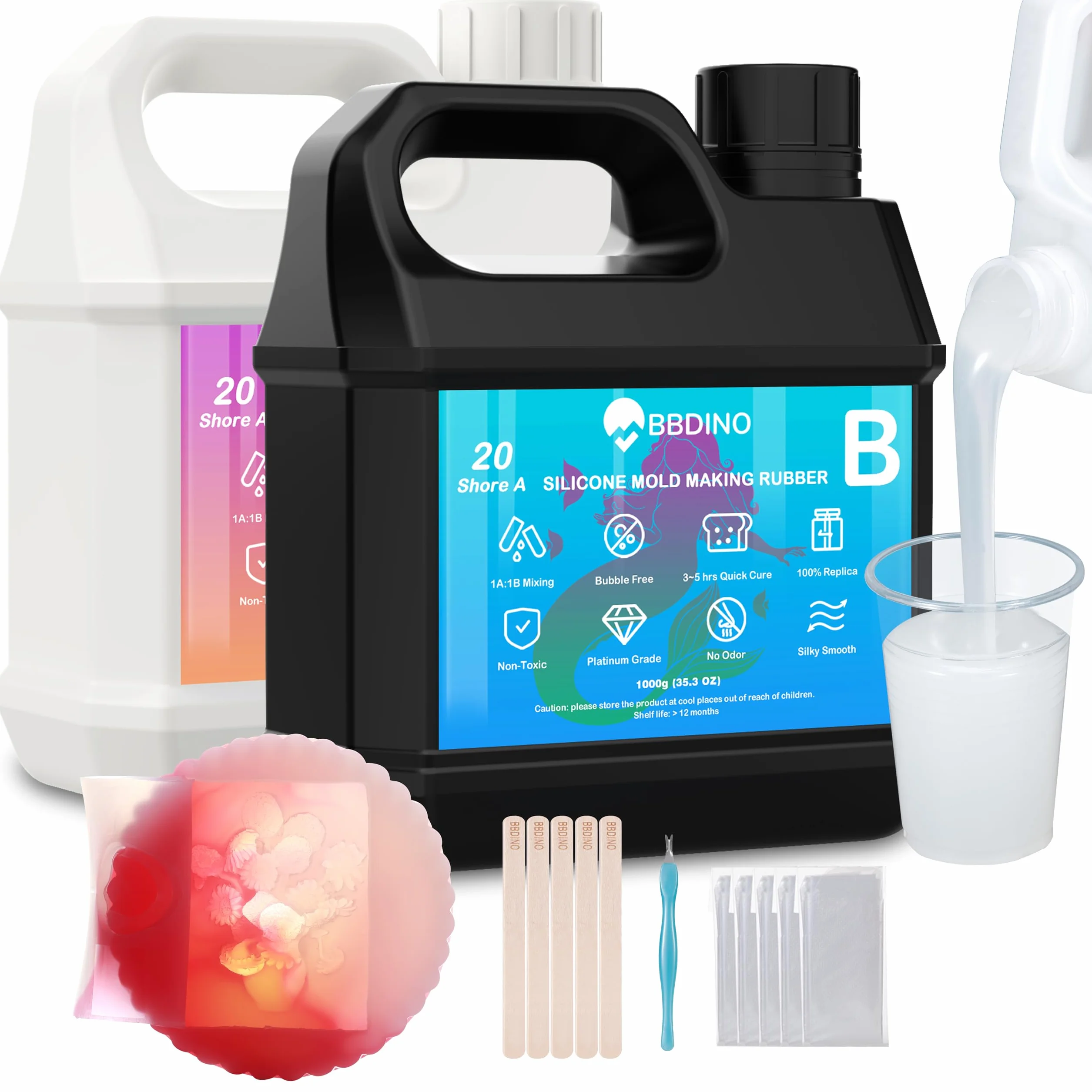 BBDINO Kit de fabricación de moldes de silicona 20A, silicona translúcida de 2,001.5 g, silicona líquida para hacer moldes 1:1 por volumen, ideal para fundición de resina, jabón, yeso, moldes de