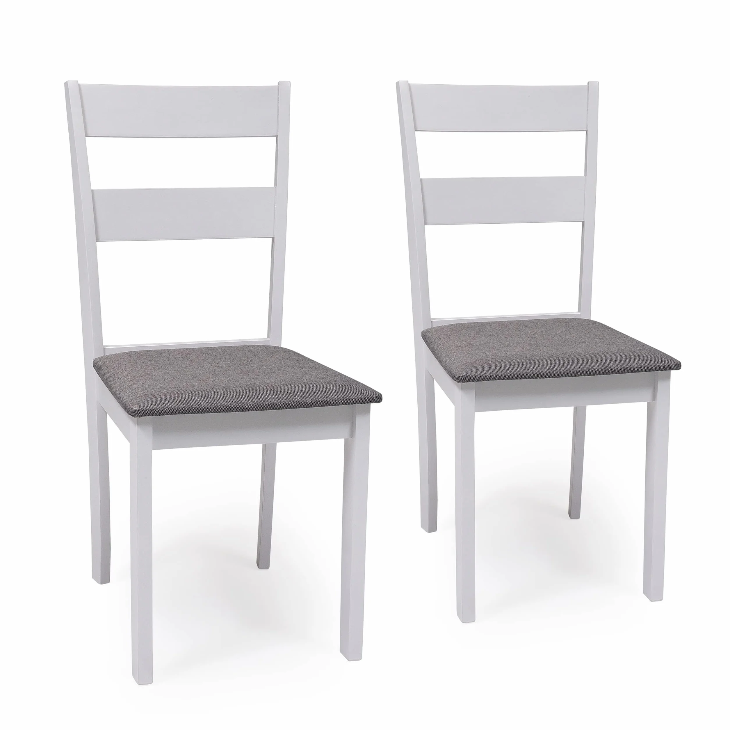 Homely - Conjunto de Comedor Kansas & Dallas White Mesa de Comedor de Madera lacada en Blanco de 112x72 cm y 4 sillas de Comedor de Madera lacadas en Blanco y Asiento tapizado de Tela Gris