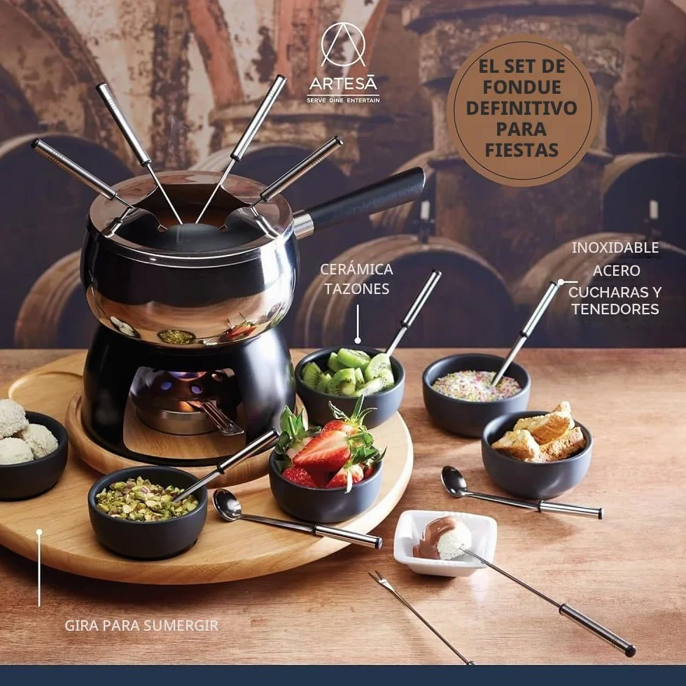 Artesà Juego de Fondue con Plato Giratorio Lazy Susan, Olla de Fondue de Acero Inoxidable con Quemador, Recipientes y Utensilios, Juego de 22 Piezas, Negro
