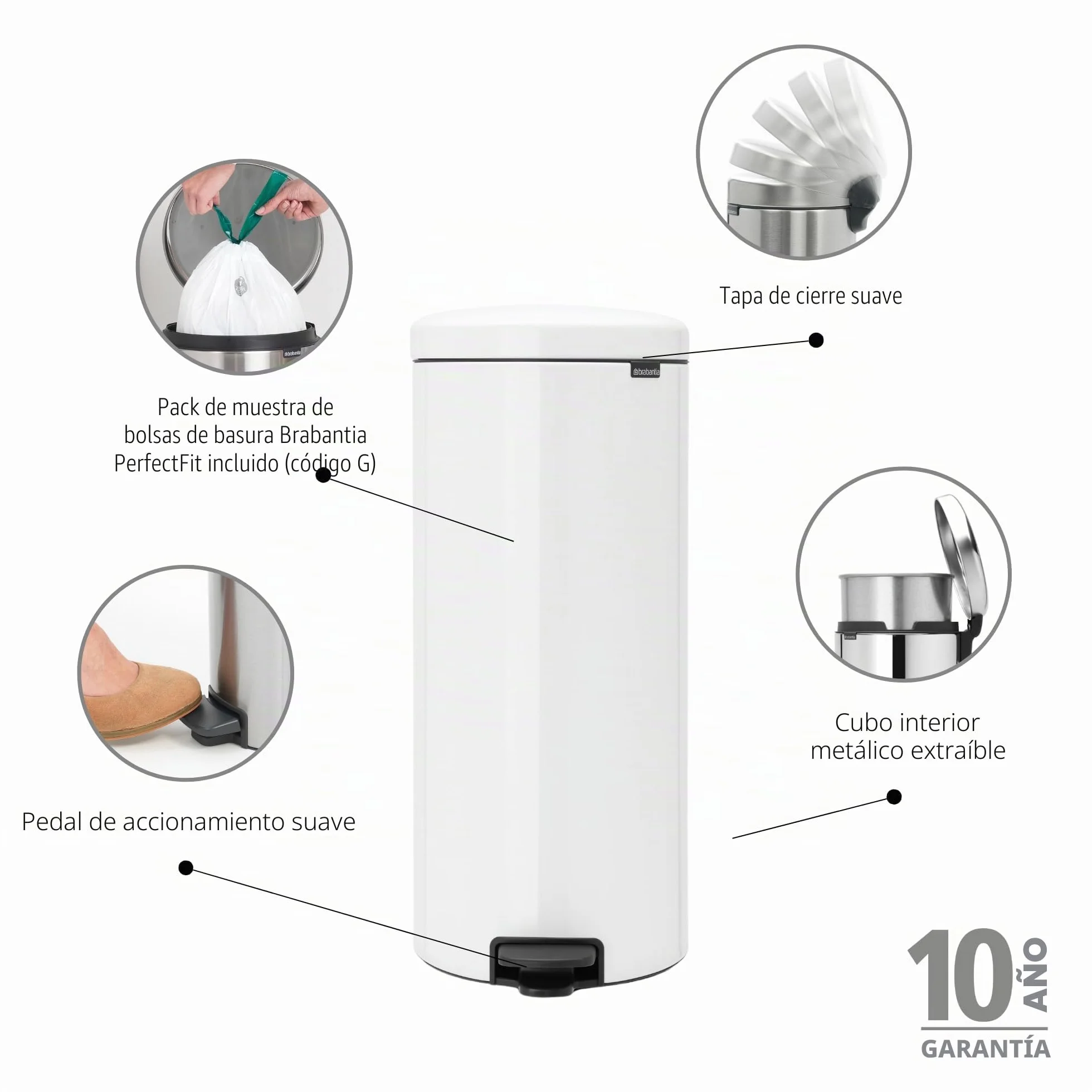 Brabantia NewIcon Cubo de basura de pedal 30 litros blanco