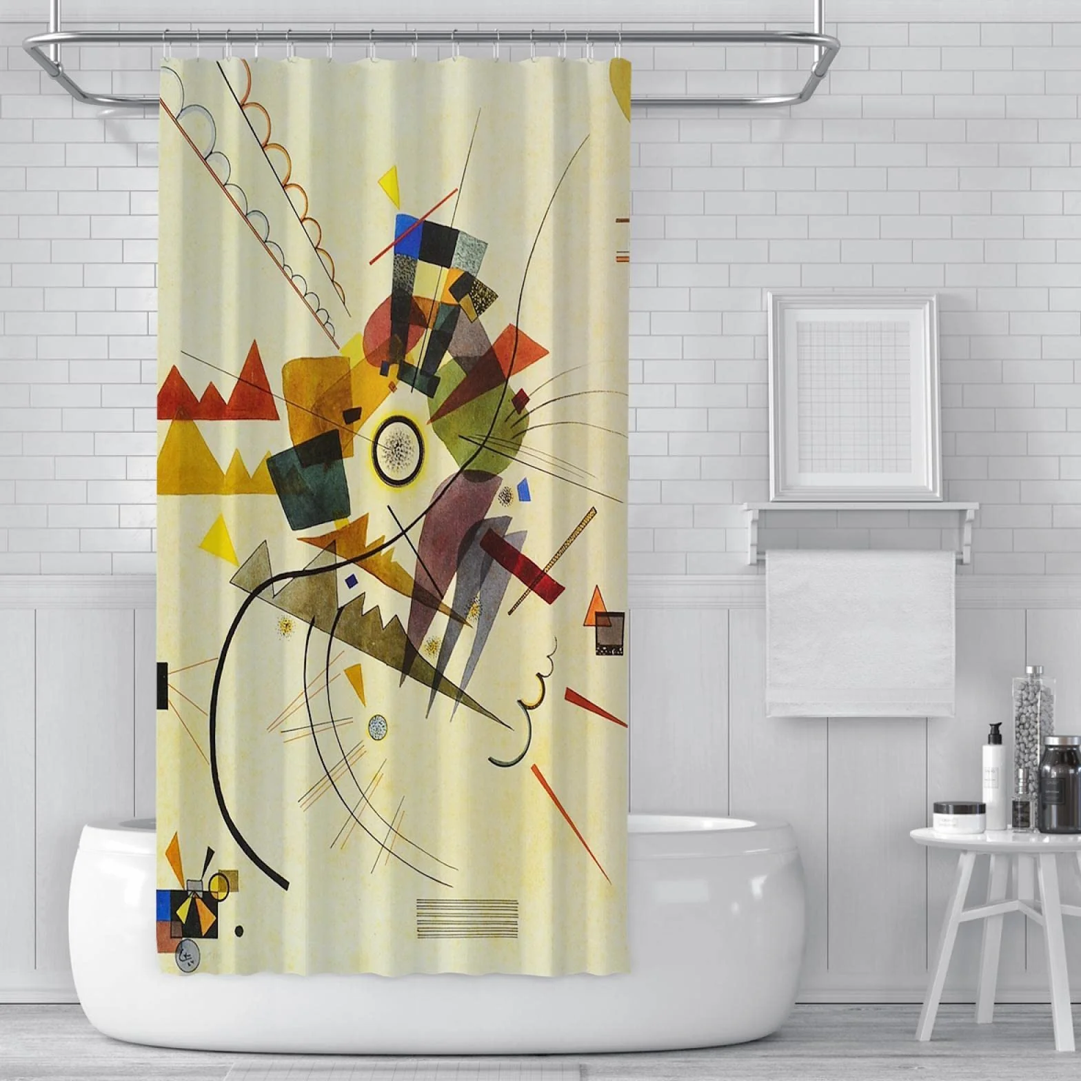 Geometría Cortina de Ducha Amarilla para niños para el baño Artista Pintura Cortina de baño Secado rápido Moderno Cortina de bañera Set con Ganchos