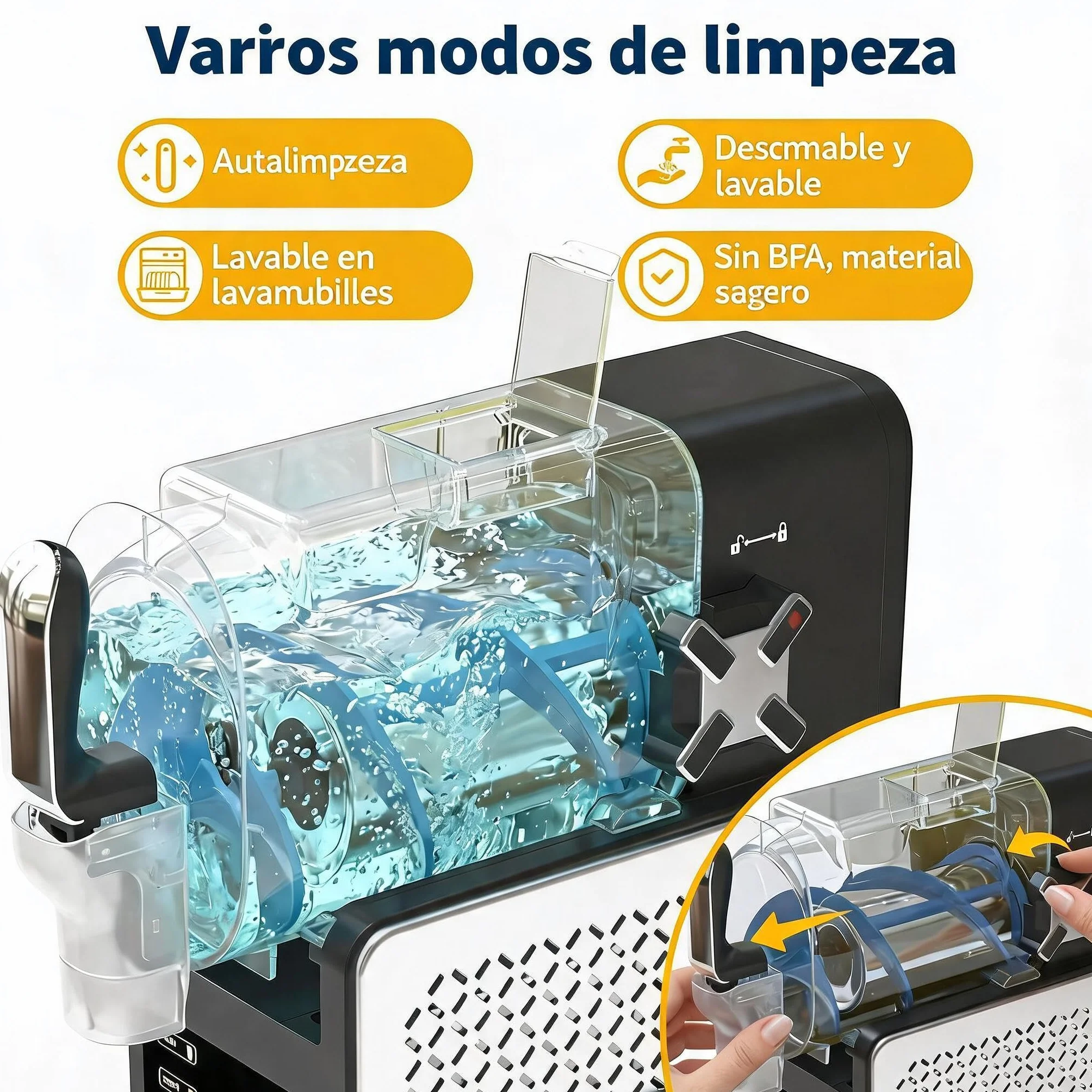 Máquina de granizados 1,9L - 5 programas automáticos - Pantalla LED - 200W, 120V/60Hz - Autolimpieza y bandeja de goteo 400ml - Funcionamiento silencioso (<45dB) - Mantiene bebidas frías hasta