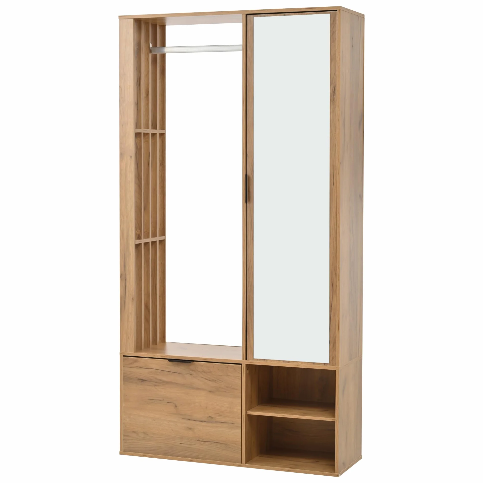 MURUL Armario 6 en 1, 100 x 33 x 190 cm, natural, con espejo, tendedero y puerta, armario de pasillo de 100 cm de ancho para colgar abrigos