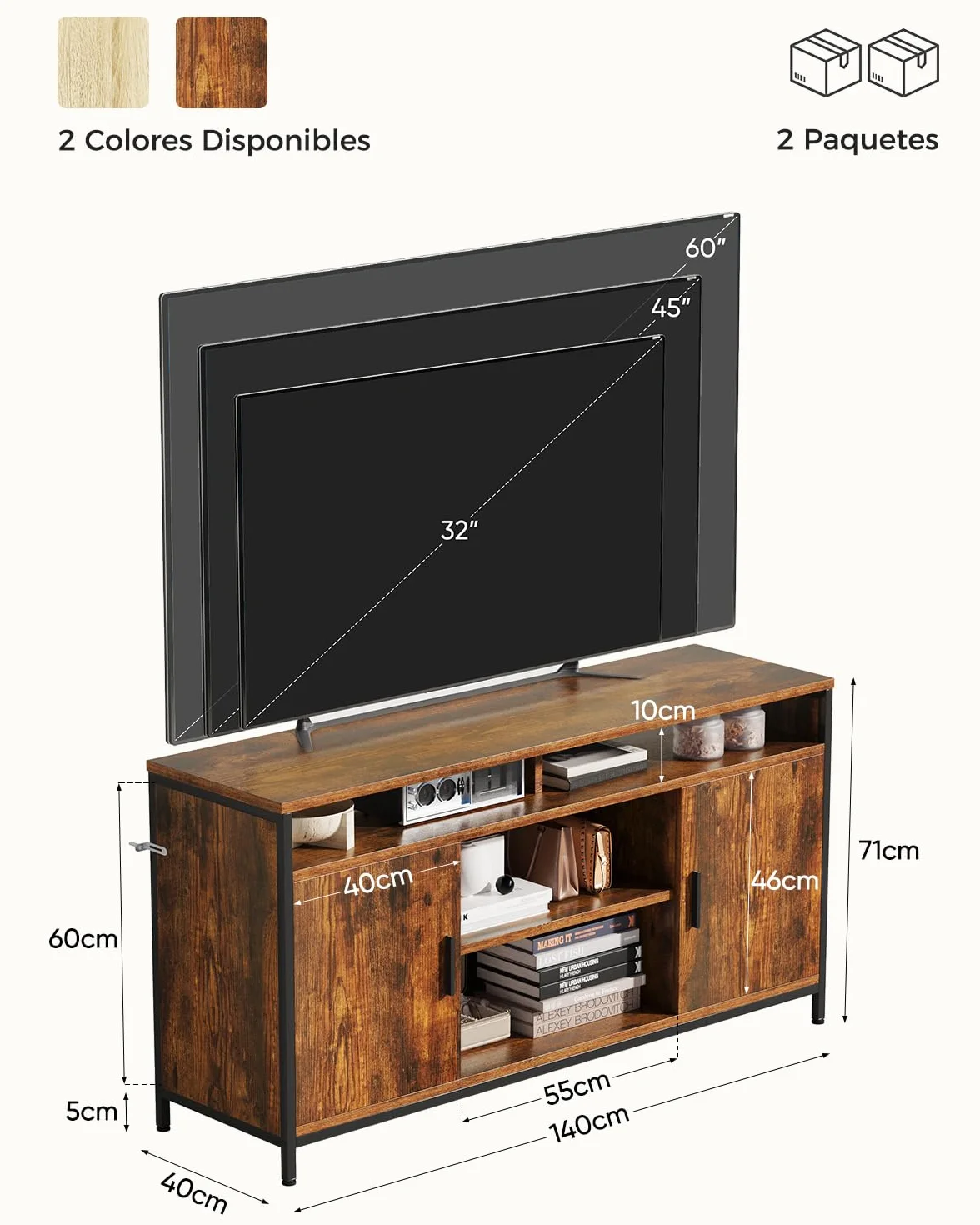 ELUCHANG Mueble de TV, Mesa de TV para Salón, con Estantes Ajustables, para Televisores de hasta 65 Pulgadas, Estilo Industrial, 140 x 40 x 71 cm, Marrón Rústico y Negro