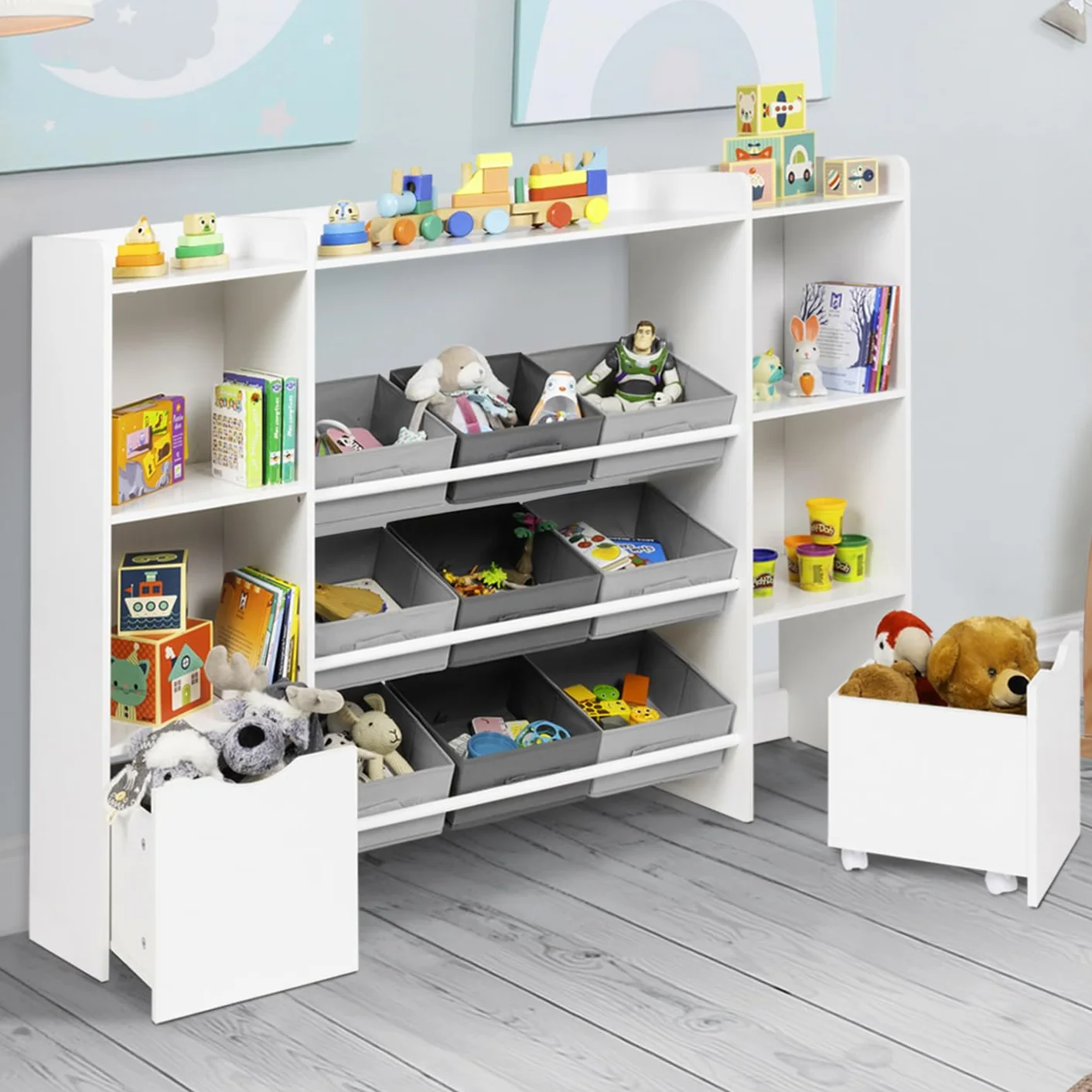 IDMarket Mana - Mueble de almacenamiento infantil 7 estantes, 9 bandejas de tela y 2 cubos con ruedas, color blanco