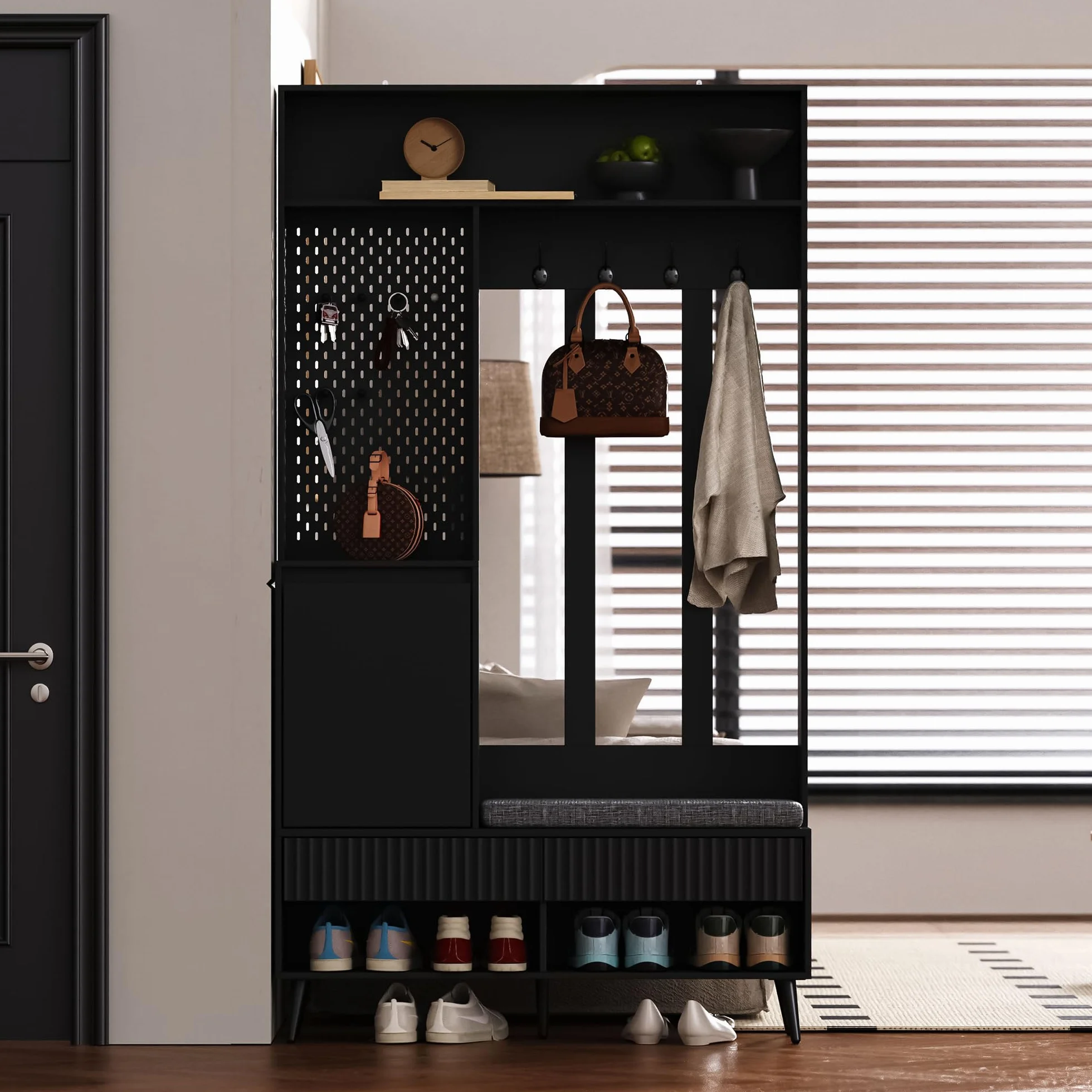 Juego de muebles de entrada que incluye un perchero y un banco para zapatos, vestuario de pared de entrada con 4 ganchos, dos cajones, 1 puerta, y un práctico panel de pared perforado para el pasillo