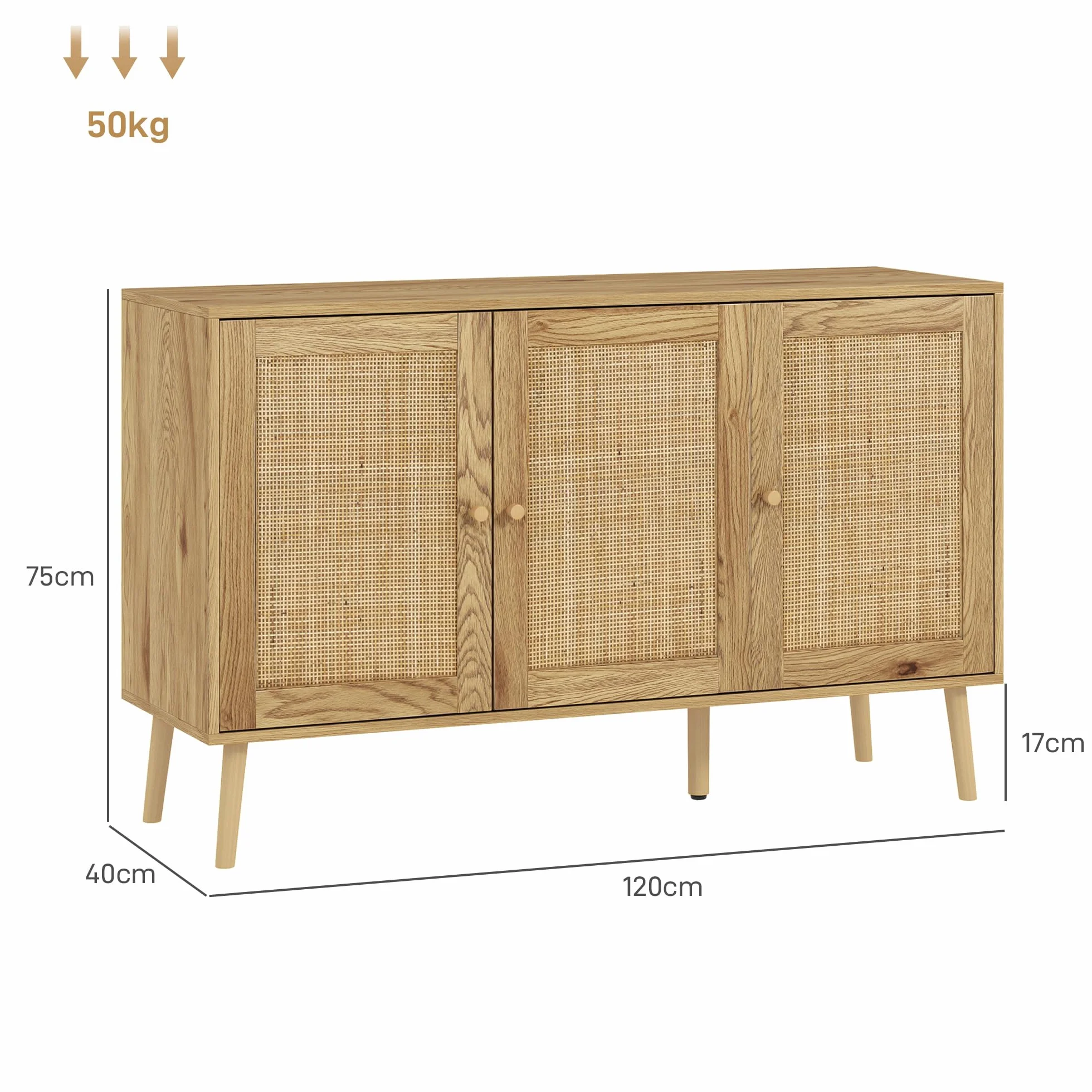 HOMCOM Aparador con 3 Puertas de Ratán, Estantes Ajustables, Madera Natural, 120x40x75 cm