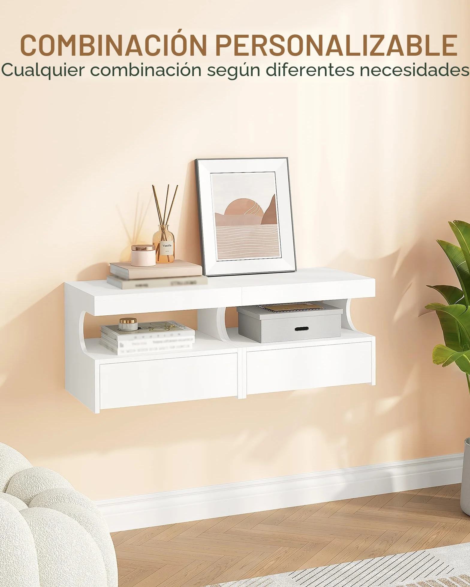 Hzuaneri Mesita de Noche Flotante Set de 2, Repisa Colgante y 1 Cajón con Guías, Diseño en Forma de U, Moderna, para Dormitorio y Salón, 30 x 40 x 29,2 cm, Blanco NS50203X
