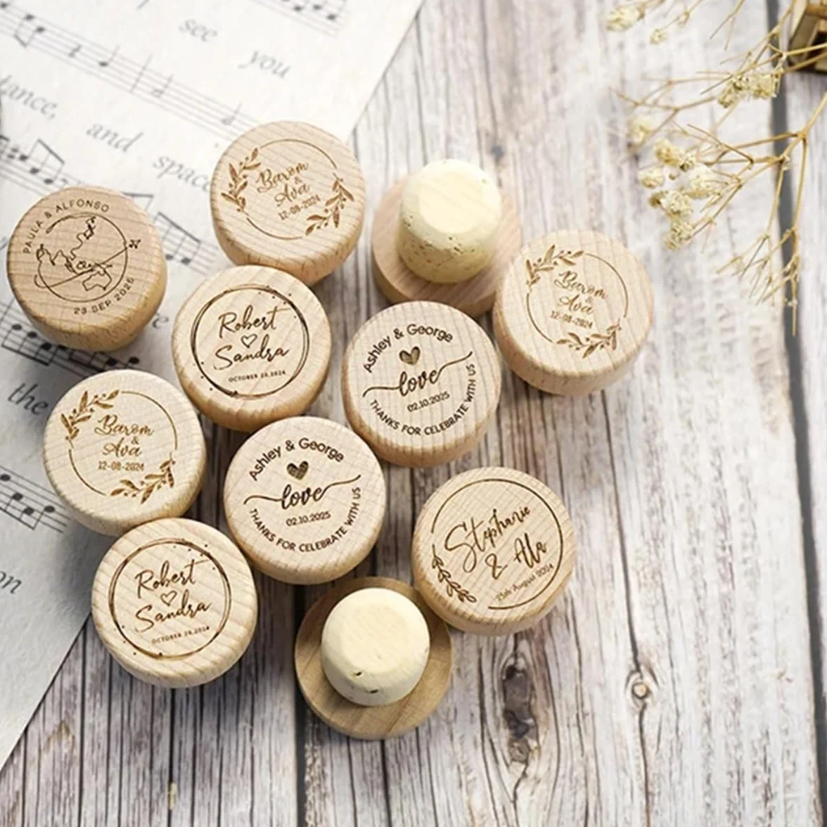 Tapones personalizados para botellas de vino de madera grabados con láser, tapón de corcho para recuerdos de boda, fiesta para invitados (100 unidades)