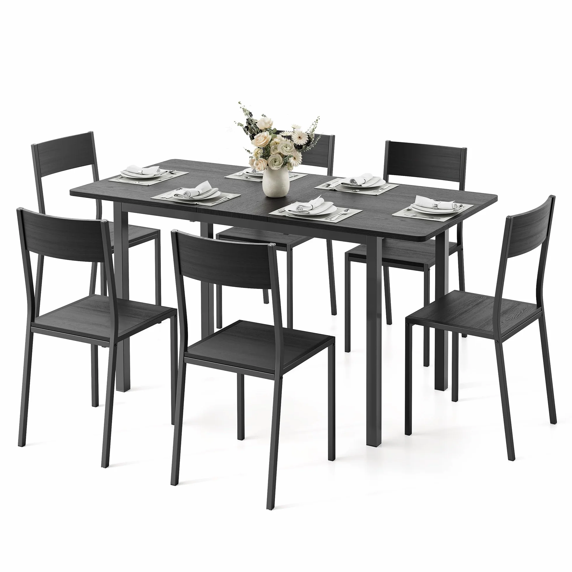 Xbro Conjunto Mesa y Sillas 6 Personas Extensible, Mesa Comedor con 6 Sillas, Ahorro de Espacio, Estructura Metálica Estable, Fácil de Montar, Cocina Comedor 110–140 cm