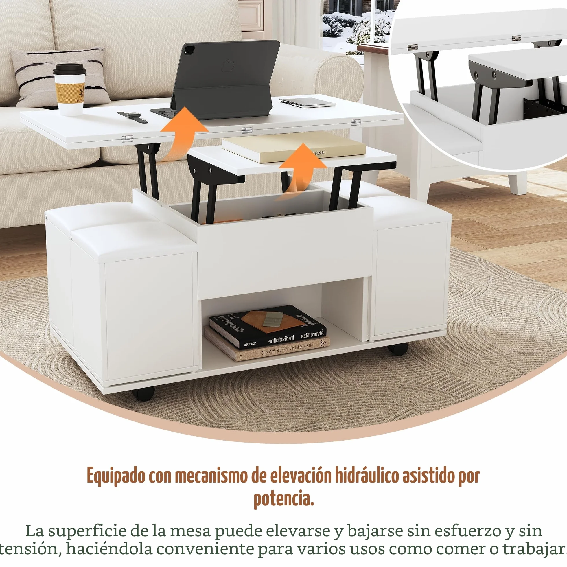 Mesa de centro multifuncional elevable: el escritorio puede abrir 2 mesas, color blanco, gran capacidad, muebles modernos de salón, oficina, mesa de comedor, 100 x 100 x 63,5 (largo x ancho x alto)