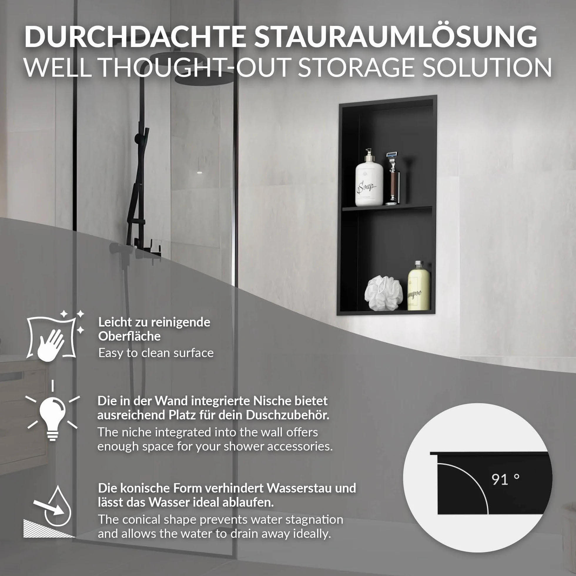 LuxeBath Nicho de Ducha Acero Inoxidable 30x60x10 cm cm Negro Marco de Pared Doble Empotrado Alicatable Estante Integrado Instalación Flexible para Almacenamiento Organizador de Utensilios para Baño