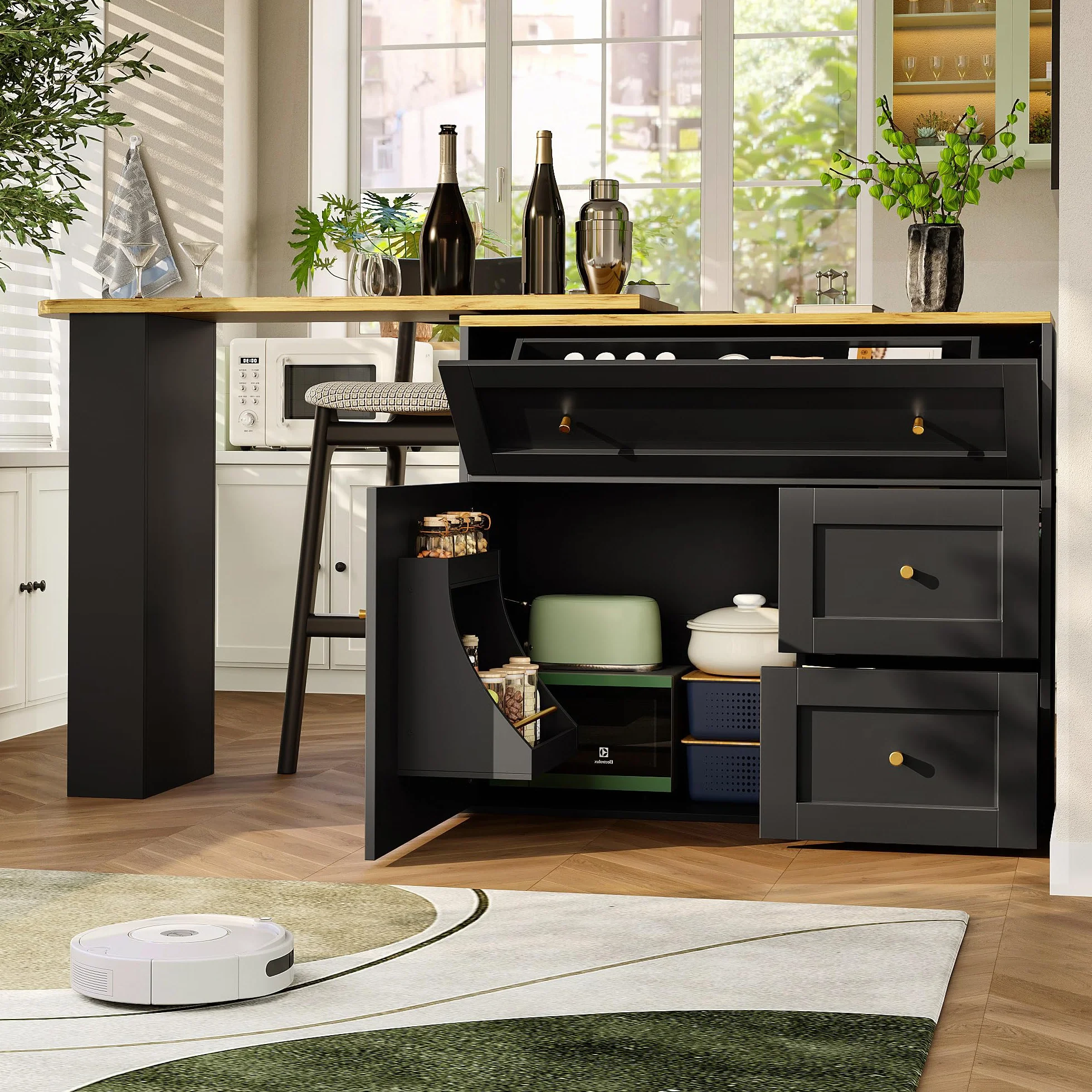 Idemon Mesa de bar extensible con espacio de almacenamiento (138 – 204 × 39 × 105 cm), armario de cocina, aparador con estante para aperitivos, mesa de bar telescópica, mesa alta de bistró, mesa alta