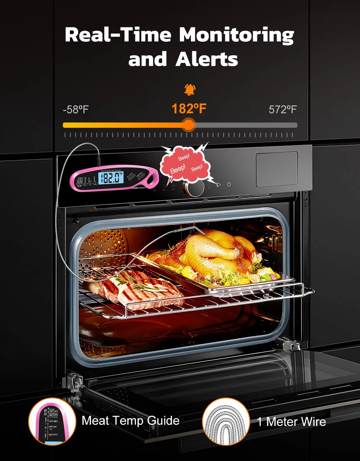 Termómetro digital de carne de lectura instantánea para cocinar y asar con doble sonda, pantalla retroiluminada grande y calibración automática, termómetro de alimentos para parrilla, ahumador