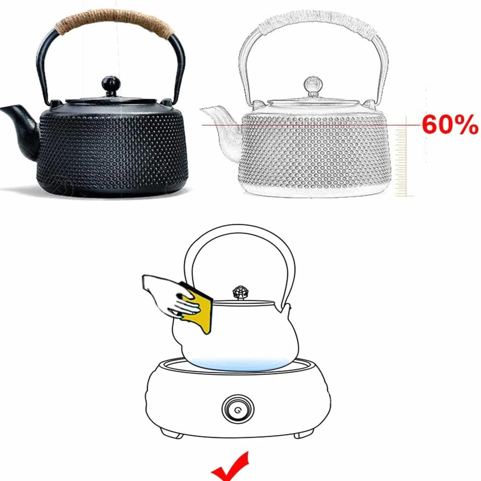 Tetera 1600ml Tetera De Hierro Fundido Japonés Grande con Infusor/Filtro De Acero Inoxidable, Antiguo Punto Pequeño Tetal Tetal Tetal como Regalo Negro