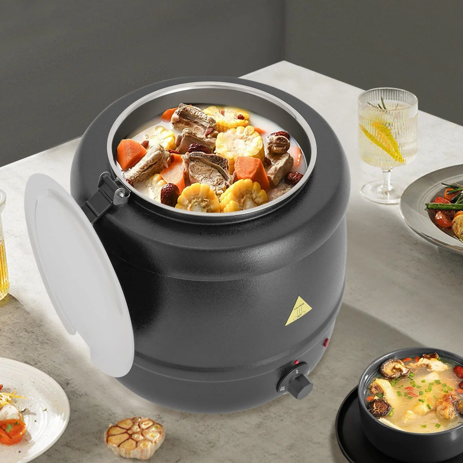 Olla eléctrica para sopa 10L 400W acero inoxidable inserto extraíble tapa abatible regulable 80°C calentador profesional