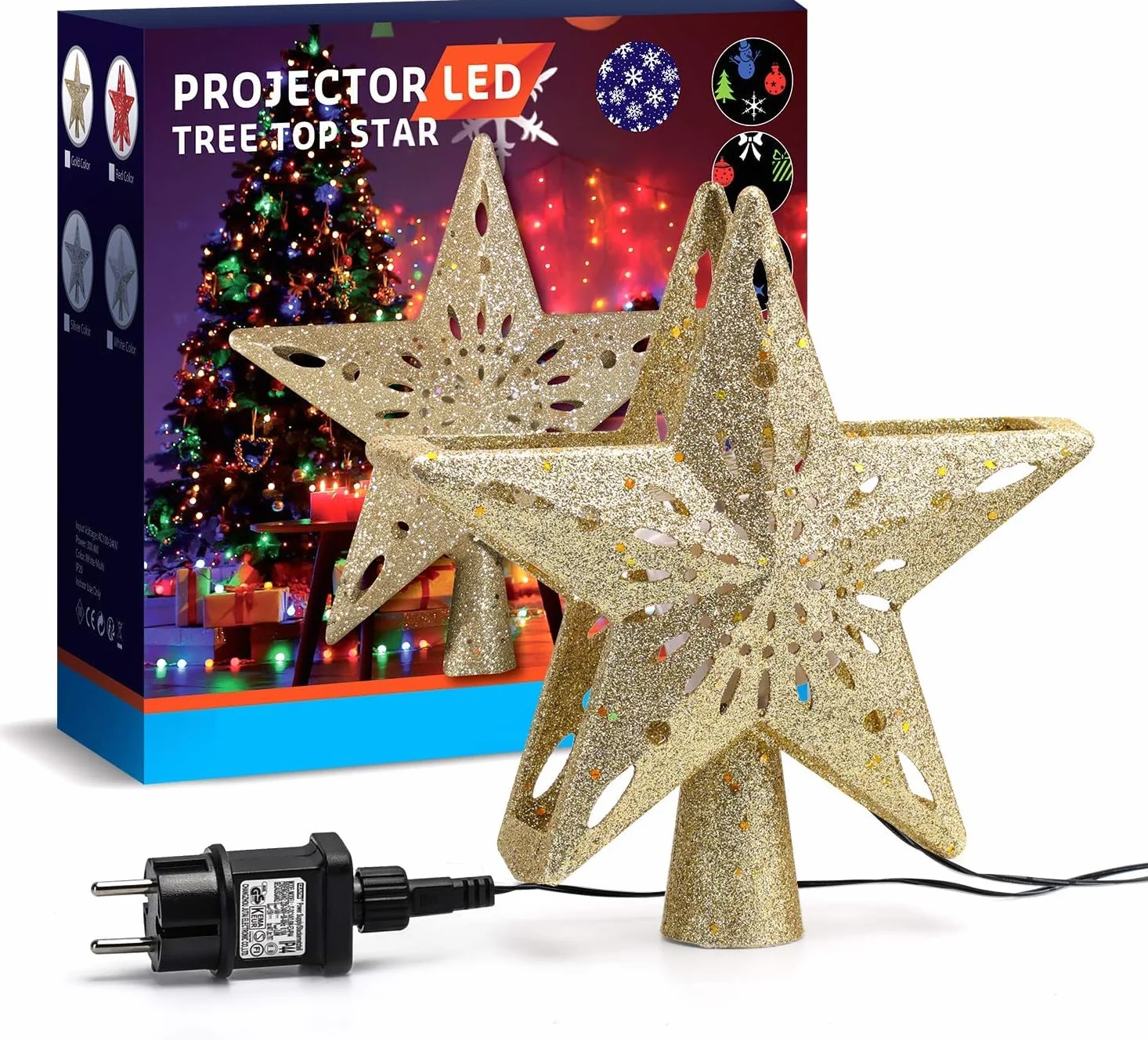 Avoalre Estrella Arbol Navidad con Proyector LED de Copo de Nieve Giratorio Proyector Luces Decoración árbol de Navidad para Hogar Oficina Bar Hotel - Dorado