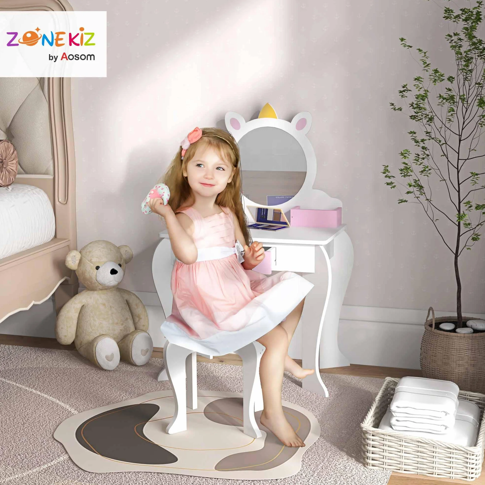 Tocador Infantil con Taburete y Espejo, Diseño Unicornio, Mesa de Maquillaje para Niñas 3-6 Años, Blanco