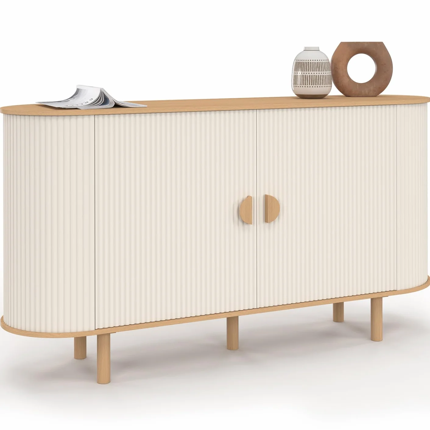 IDMarket - Aparador 140 cm KANEL 2 puertas efecto acanalado beige y madera