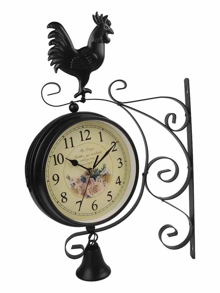 Reloj de pared de doble cara, reloj de estación de hierro negro de 39 cm con movimiento de cuarzo silencioso, números grandes para decoración del hogar y sala de estar