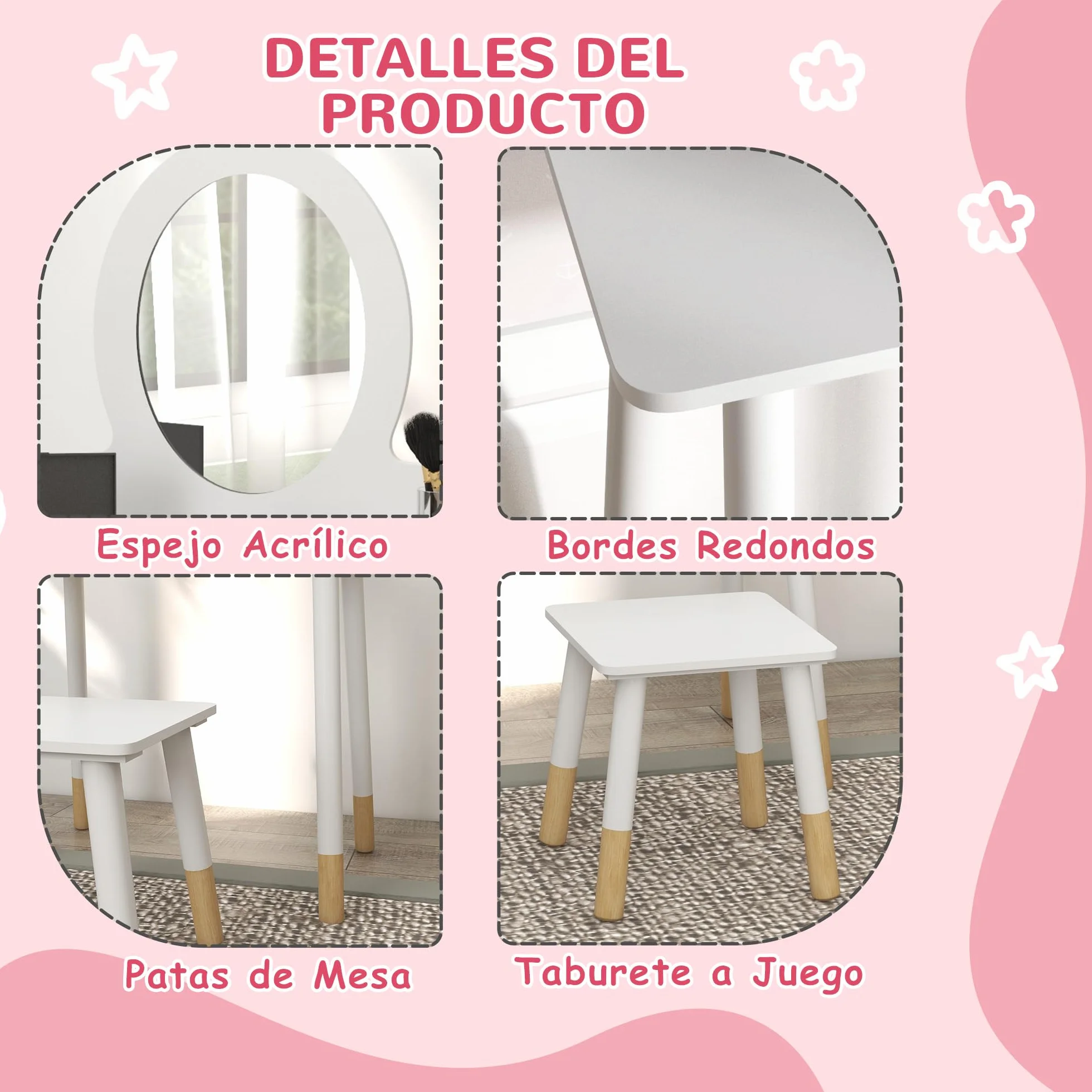 AIYAPLAY Tocador para Niñas con Taburete y Espejo Blanco +3 Años