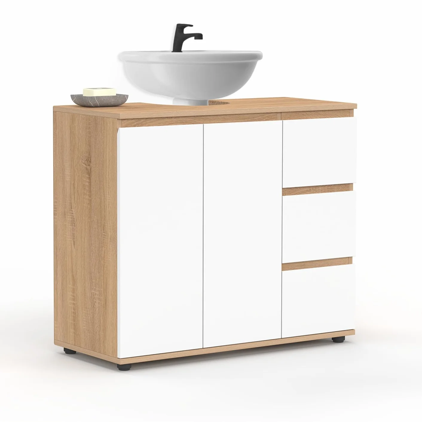 IDMarket: mueble bajo lavabo para baño TOMI con armario y 3 cajones estilo haya y blanco