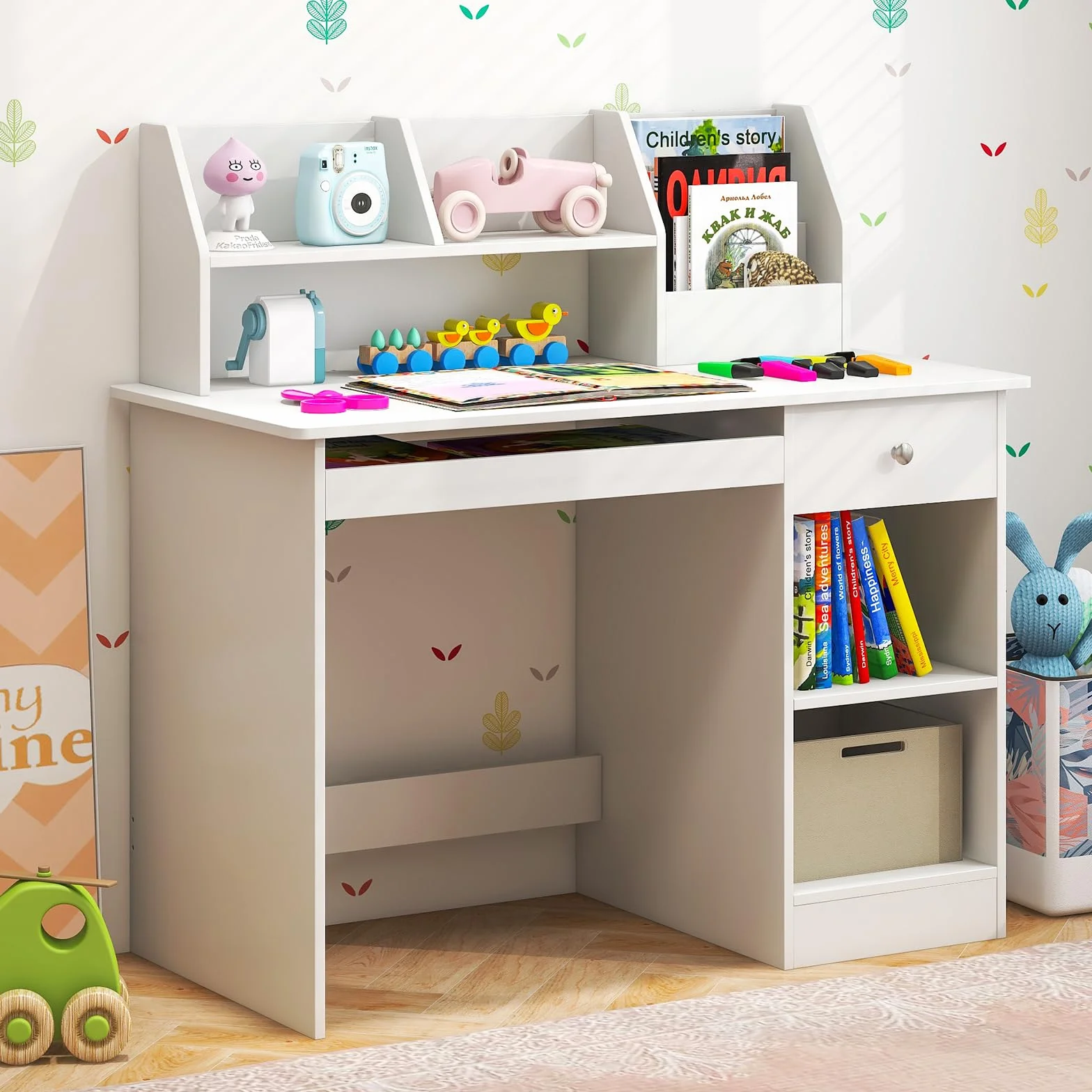 GOPLUS Escritorio Infantil de Madera con Cajón, Mesa Juvenil 3 en 1, 90 x 45 x 90 cm Blanco