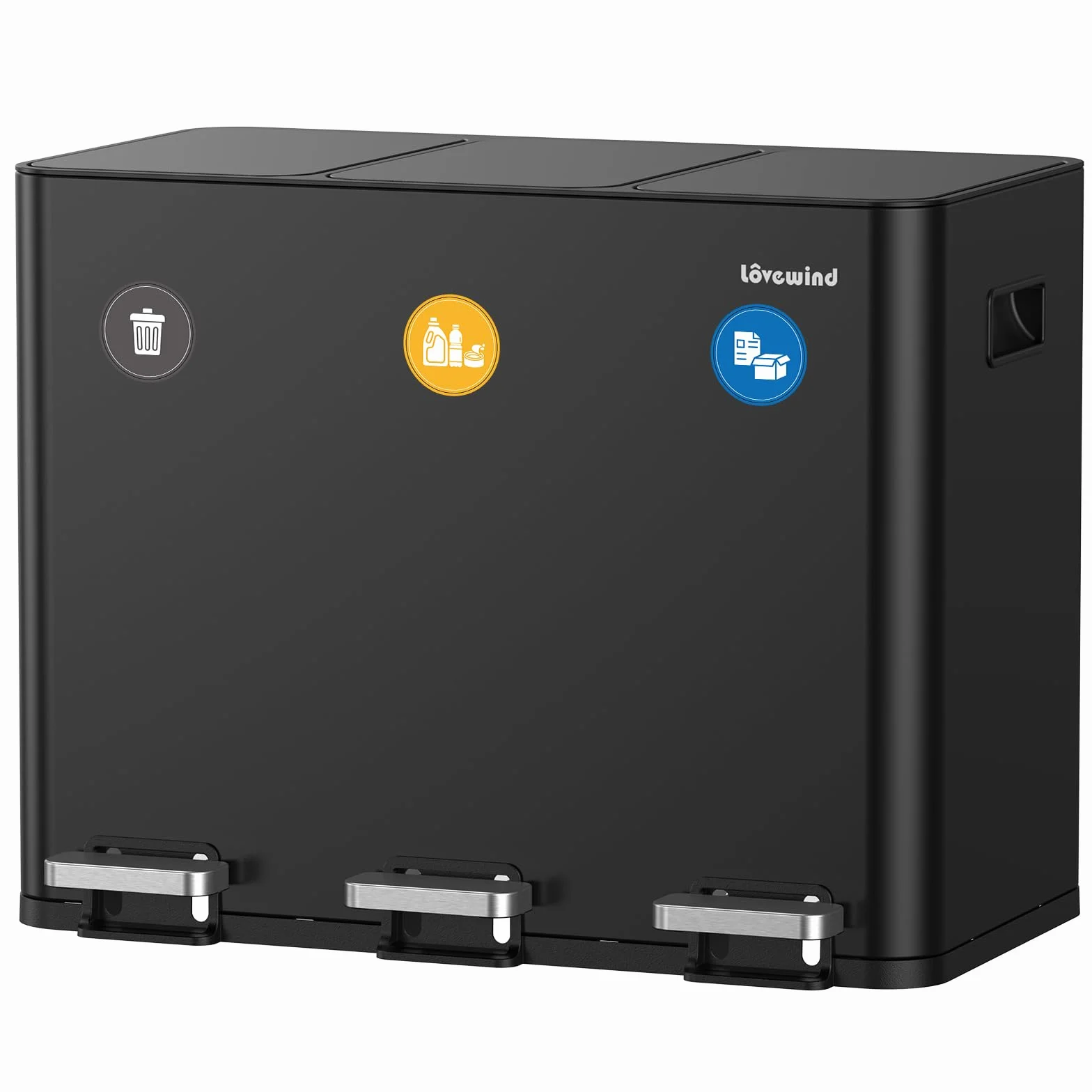 lovewind Kitchen Bin, 3 X 15 L Cubo De Reciclaje, Basurero De 3 Compartimentos Para Reciclaje Y Residuos, Etiquetas Magnéticas Incluidas, Tapas De Cierre Suave,Pedales,Cubetas Interiores,Acero,Negro