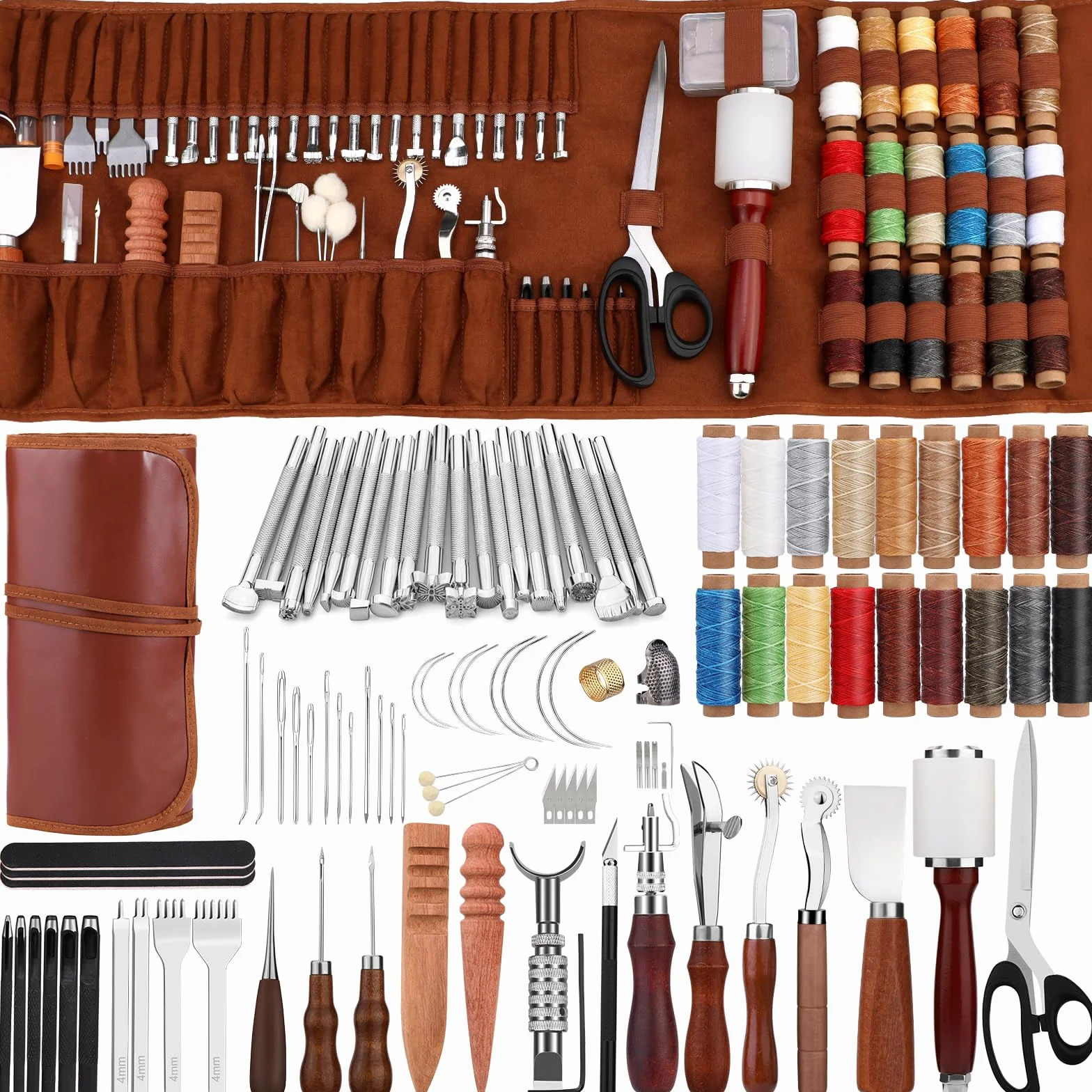 TLKKUE Kit de trabajo de cuero, herramientas de manualidades de cuero con bolsa de almacenamiento personalizada, kit de herramientas de cuero para principiantes, herramientas de manualidades de cuero