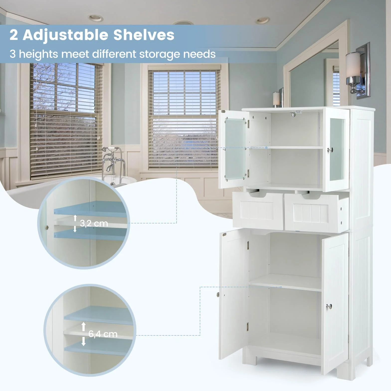 LIFEZEAL Armario Suelo de Baño, Mueble de Baño con Estantes Ajustable, Mueble de Almacenaje con Cajones y Doble Puerta, Mueble Lateral Multifuncional para Cocina (Blanco)