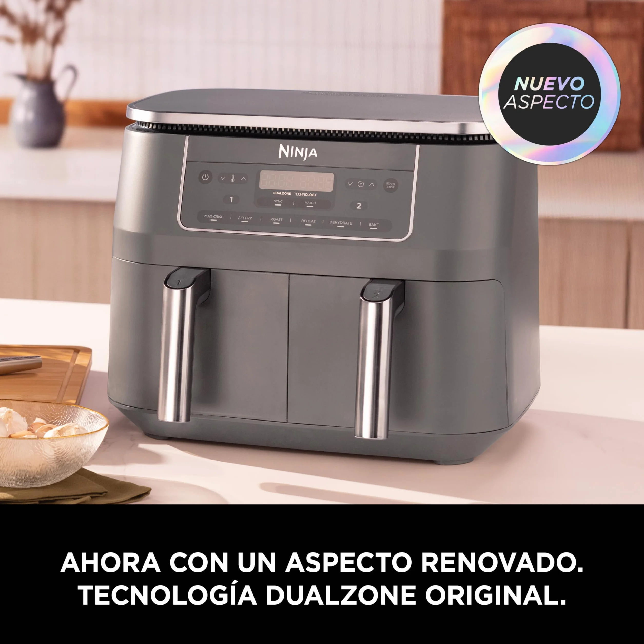 Ninja Freidora de aire con compartimento doble, 2 cajones, 7,6 l, 6 en 1, sin aceite, fríe con aire, gratina, asa, hornea, recalienta, deshidrata, cestas antiadherentes, gris metalizado DZ300EU