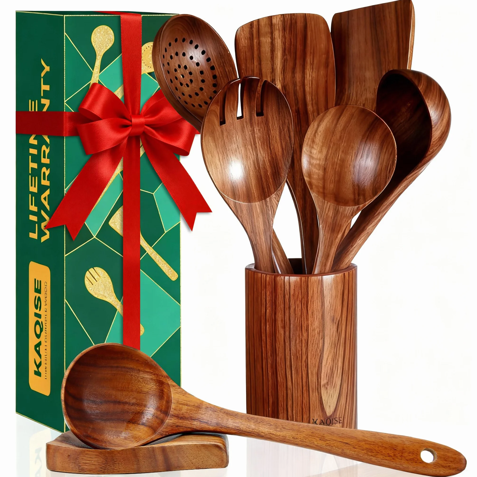 Cucharas de madera antiadherente natural prémium para cocinar, juego de utensilios de madera esenciales de cocina, juego de utensilios culinarios de madera de teca para familias (8 piezas)