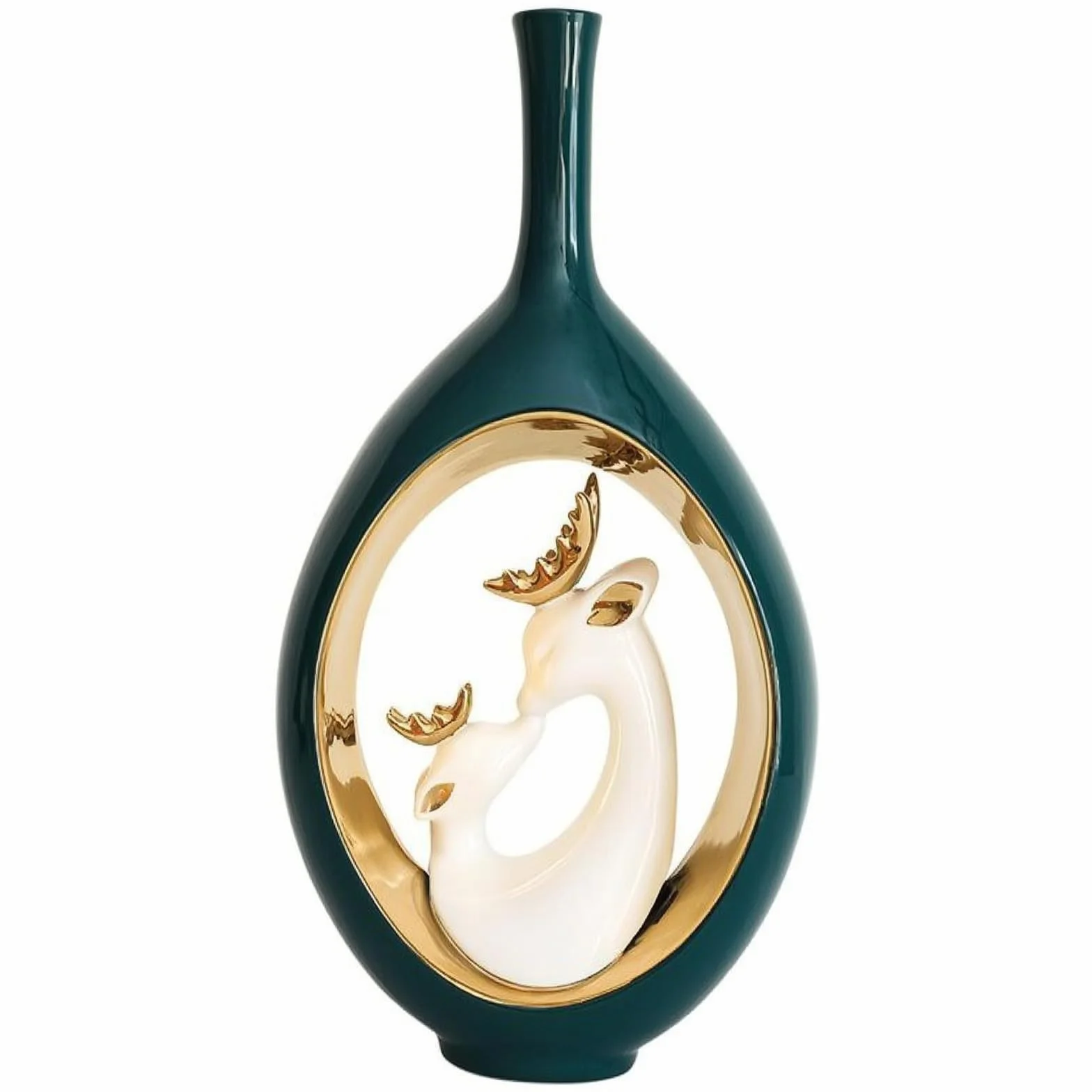 Jarrón de Cerámica Jarrón Decorativo Florero Botella Centro de Mesa con Acabado Esmaltado y Interior de Ciervo con Ramas Que Añaden Estilo Adecuado, Negro, Dorado, Jarrón De Ciervo 11028