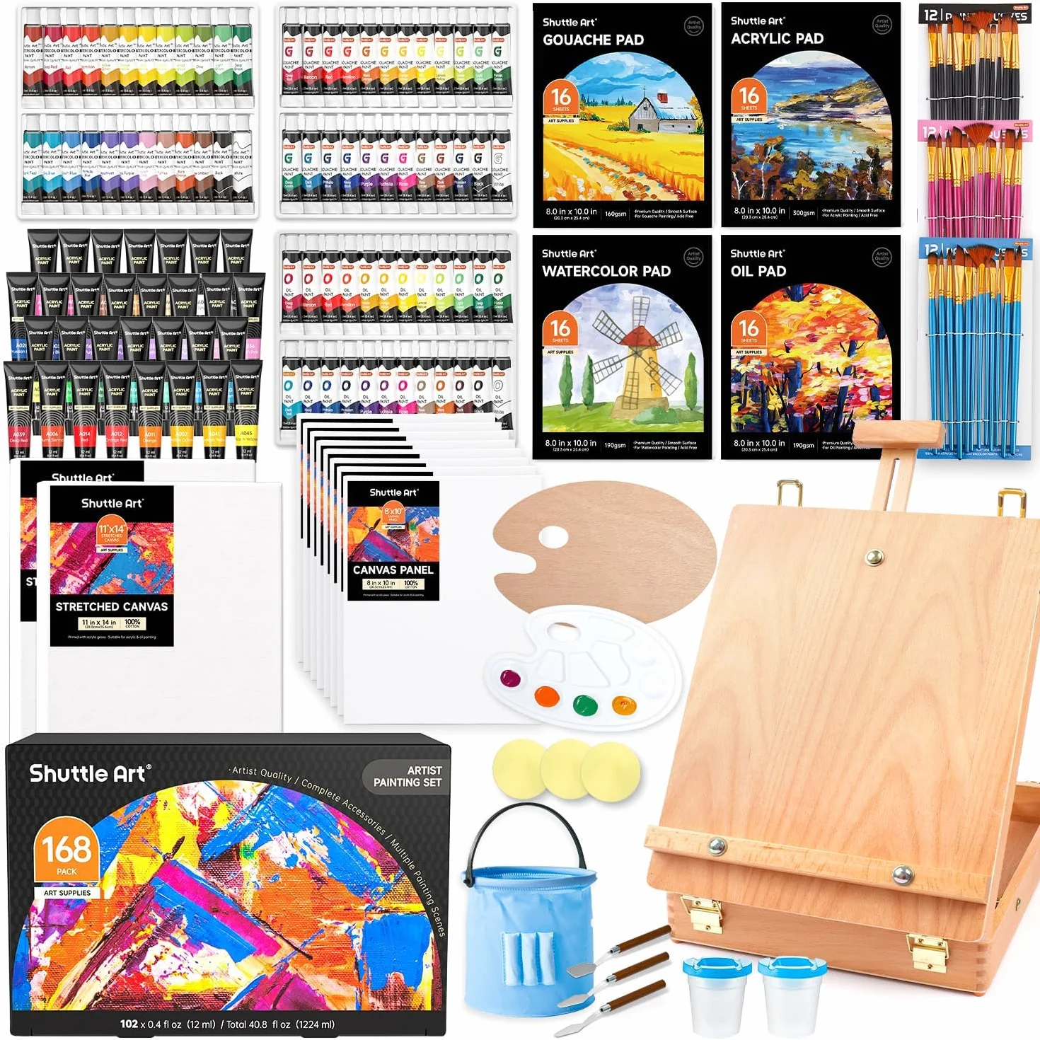 Shuttle Art 168 Piezas Kit Pintura, Maletin Pintura de Lujo con Caballete de Aluminio y Madera, 102 Pinturas Mixtas, Lienzo, Pinceles, Juego Pinturas para Niños, Adultos, Artistas