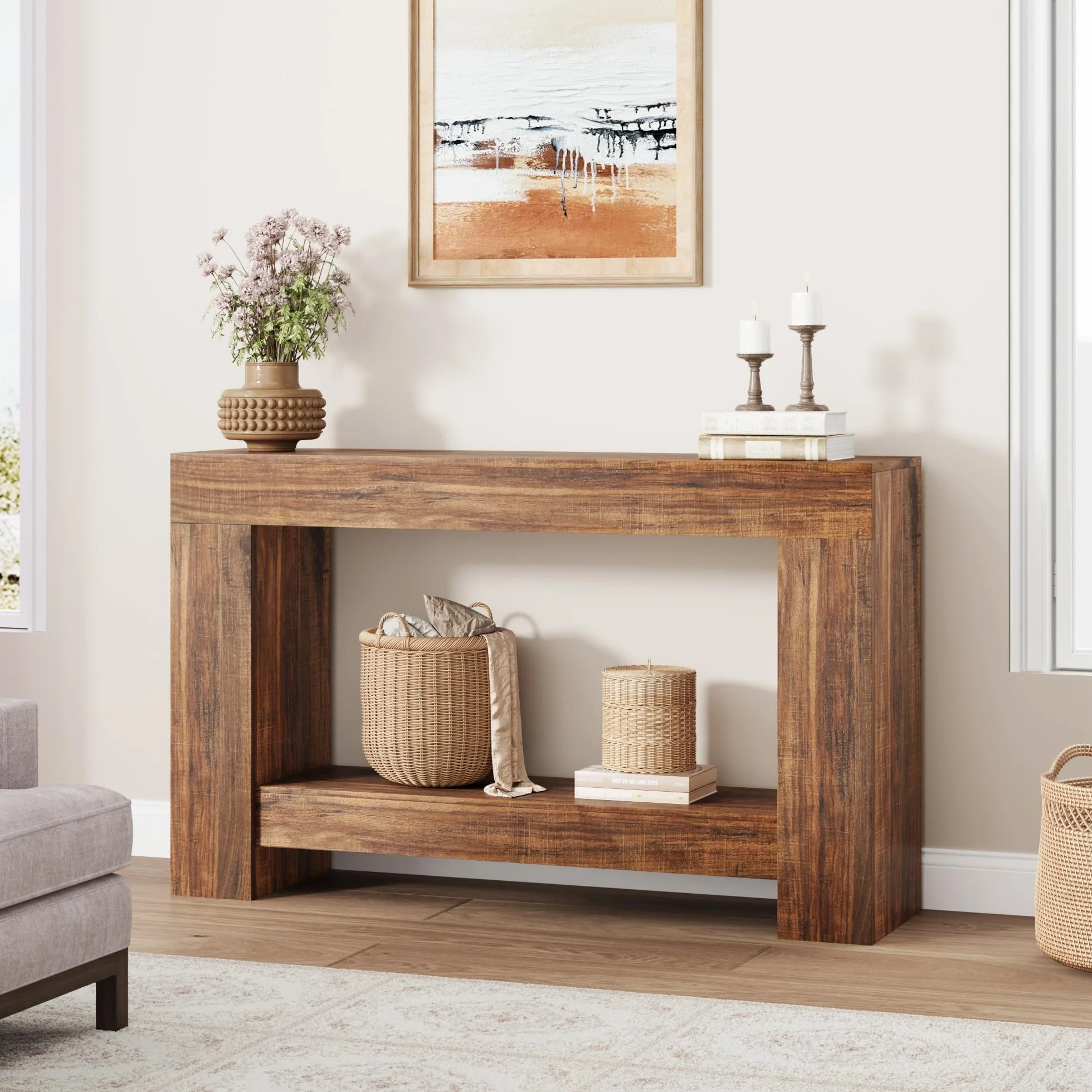 Garvee Mesa Consola Rústica De Madera para Entrada y Comedor - Diseño Compacto y Funcional con Doble Nivel y Estante Abierto Pasillos y Salones - Montaje Sencillo
