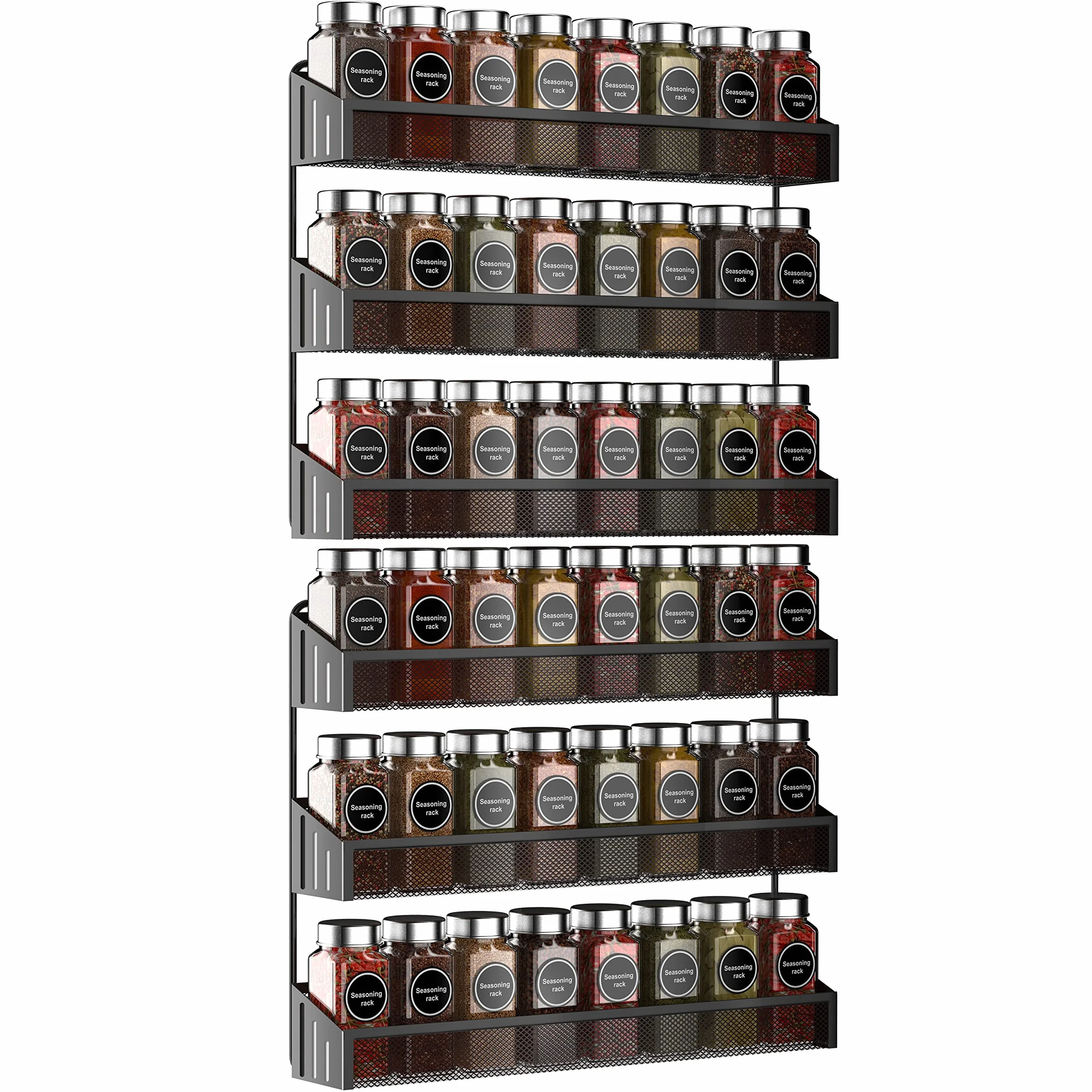 Juego de 2 estantes de especias colgantes para montar en la pared, grandes, organizador de especias estrecho de metal cromado para almacenamiento de tarros, cocina, armario interior o puertas de