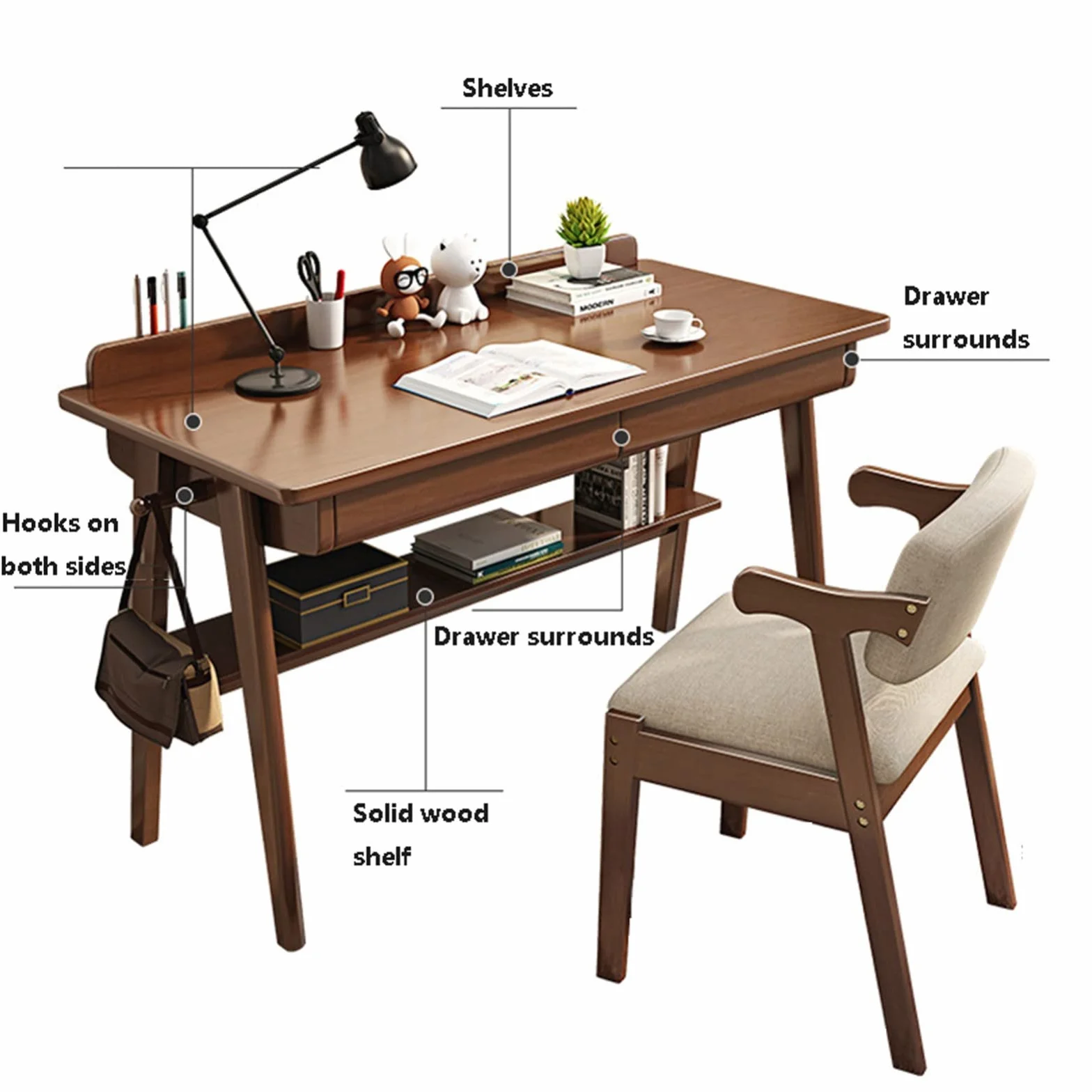 SDdPulse Escritorio de madera maciza, escritorio simple de madera para computadora con cajón, escritorio moderno y duradero para escuela, familia o sala de estudio. Una silla, 140 cm, B-100 cm
