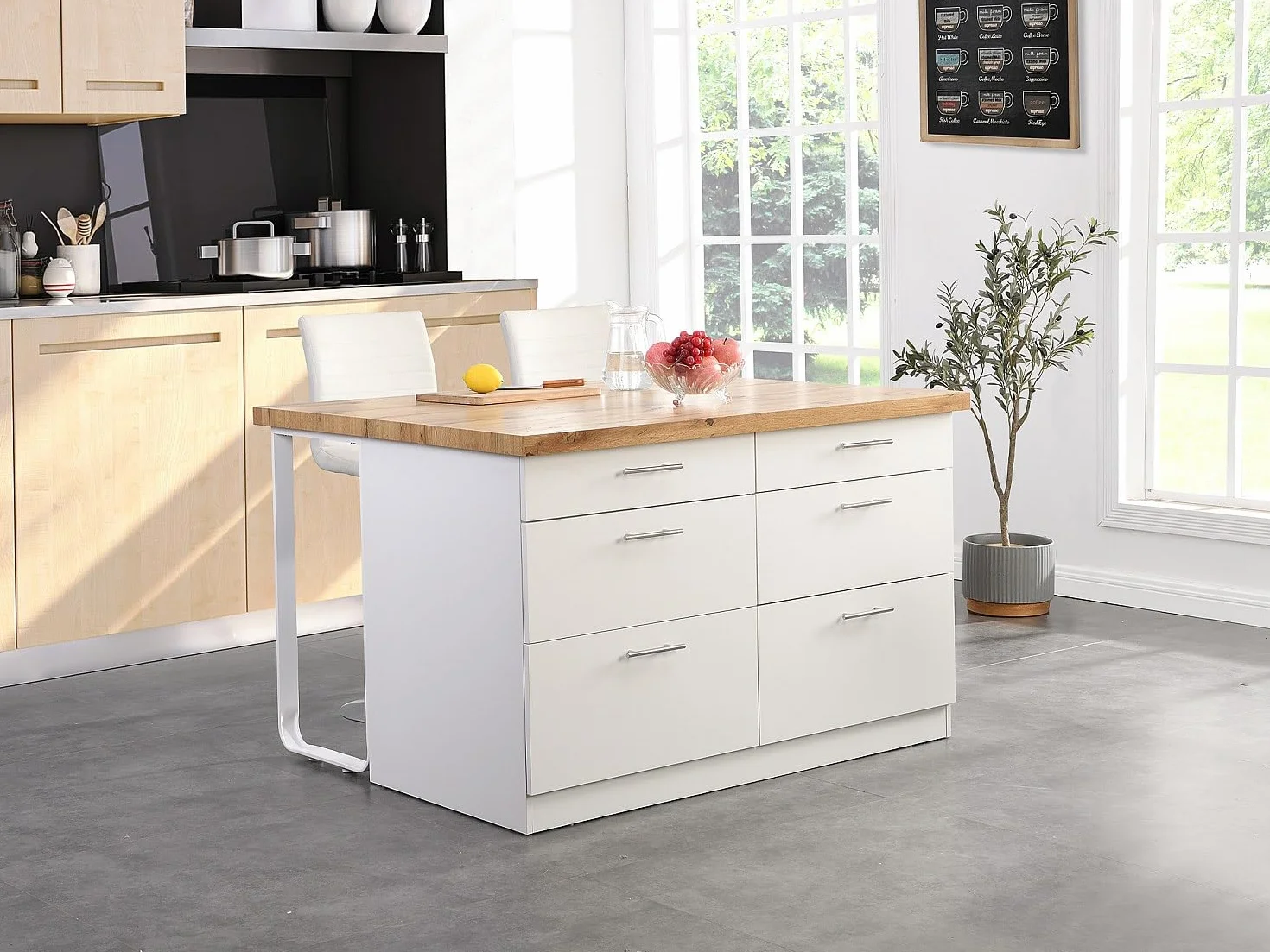 Vente-unique - Isla Central de Cocina con 6 cajones de MDF y Metal - Blanco y Natural Claro - ALEGRITA