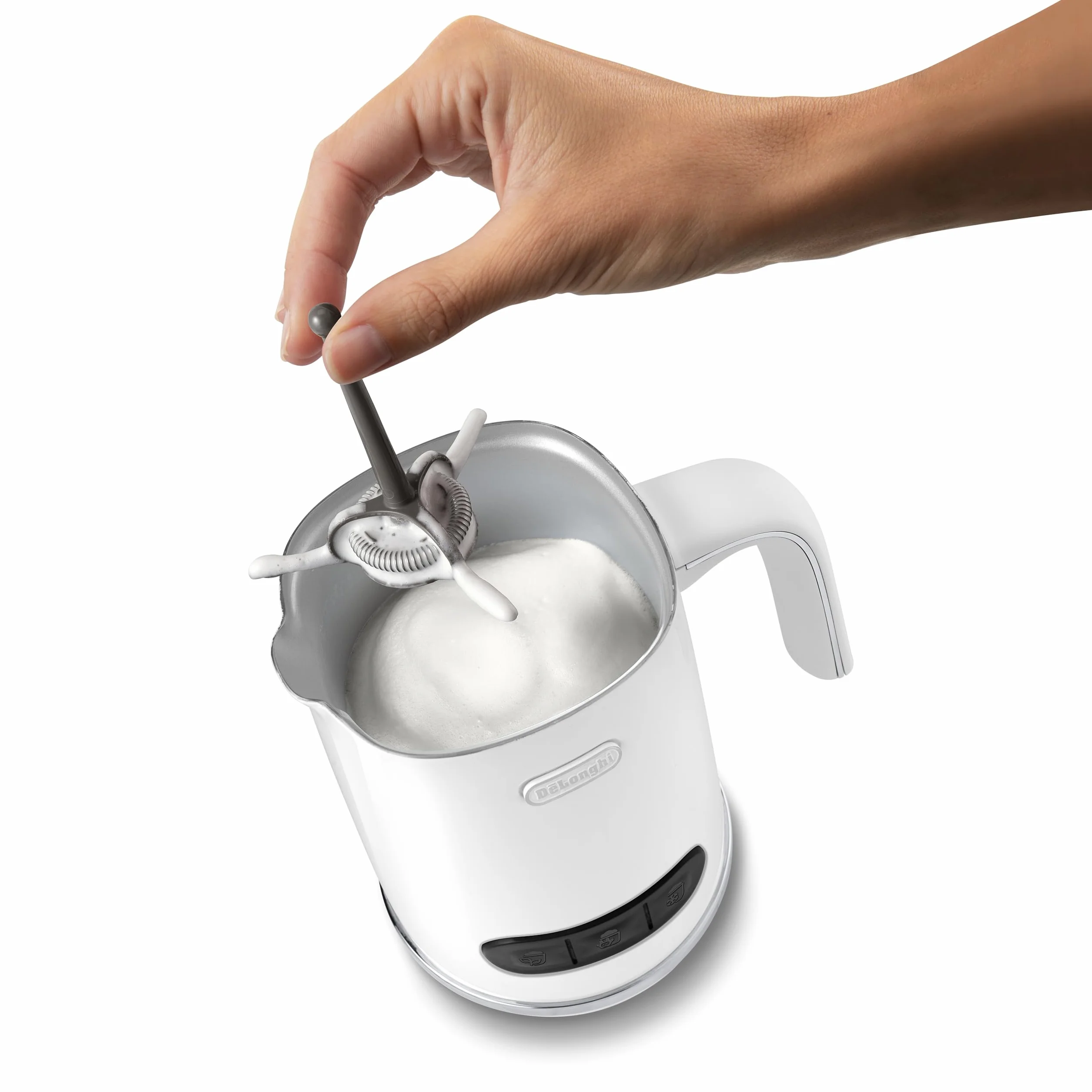 De'Longhi LatteMix EMF3.W - Espumador de leche eléctrico para leche caliente y fría y alternativas vegetales, fácil limpieza, tapa transparente, 3 botones, 250 ml, blanco