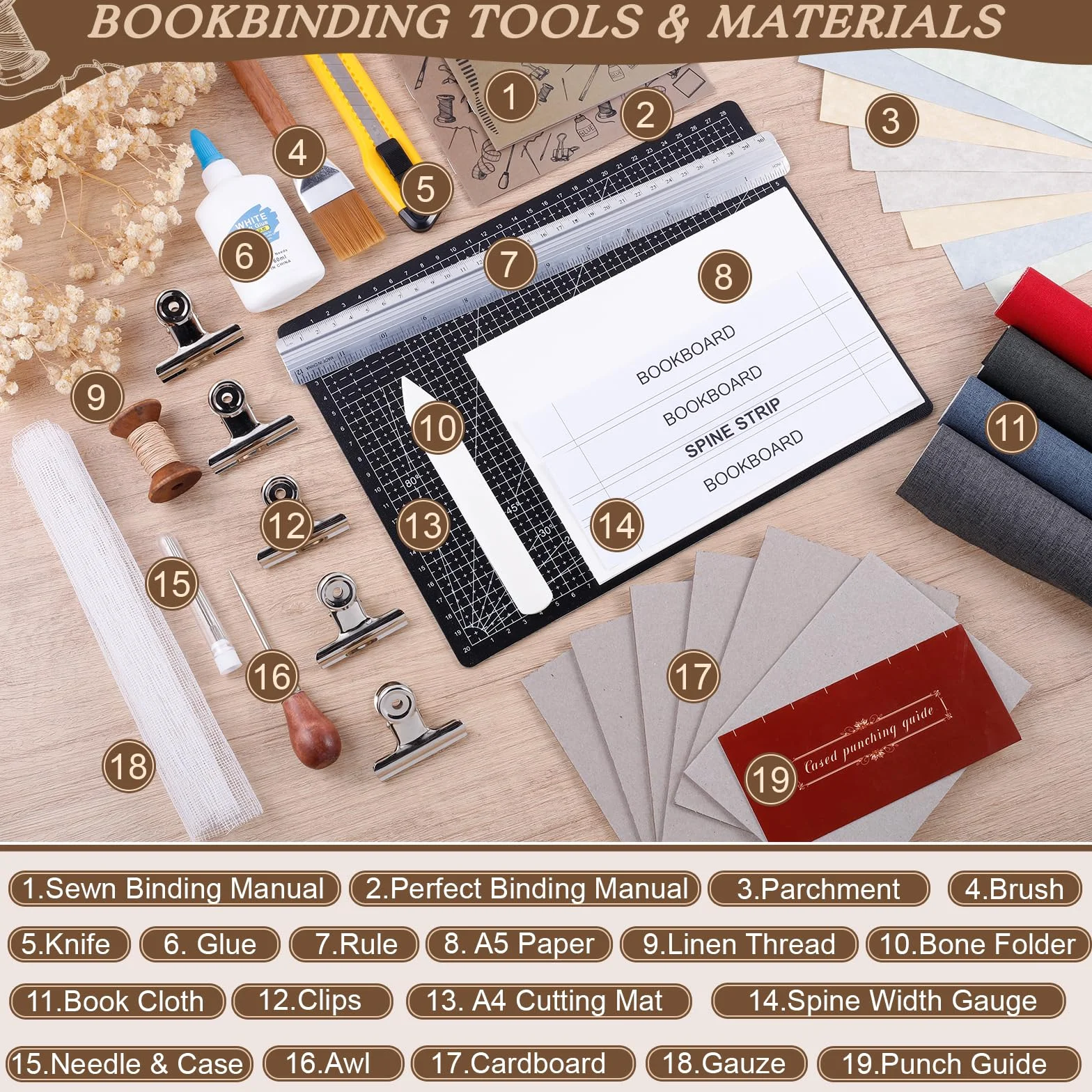 145 kits de encuadernación de libros para principiantes para hacer libros, materiales de encuadernación con punzón de tela de papel A5, herramientas completas de encuadernación con instrucciones y