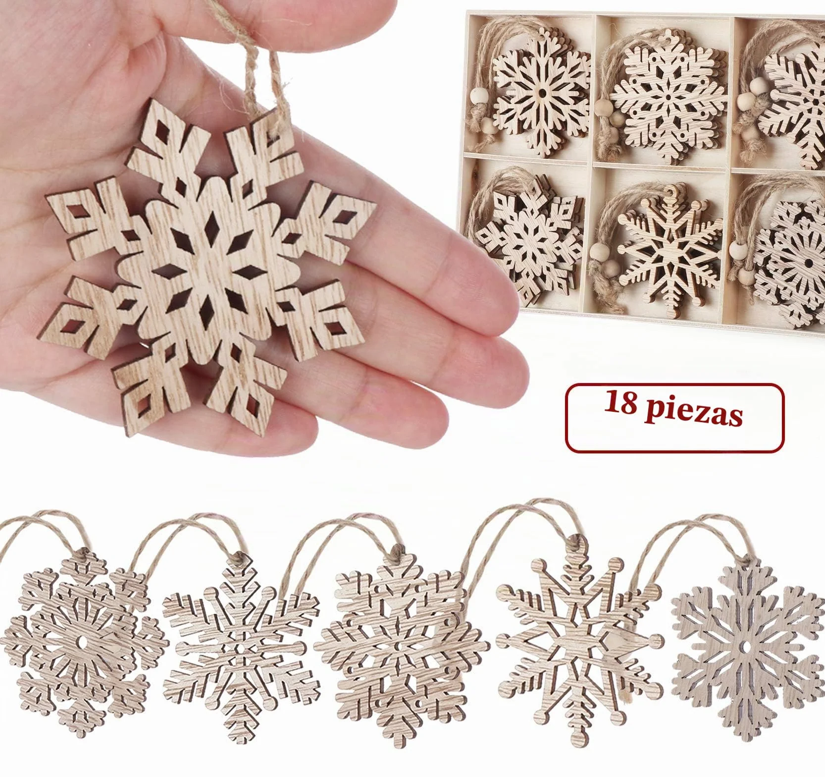 Adornos de Madera Navidad Copos de Nieve 18pcs Colgante Decoración Rústica